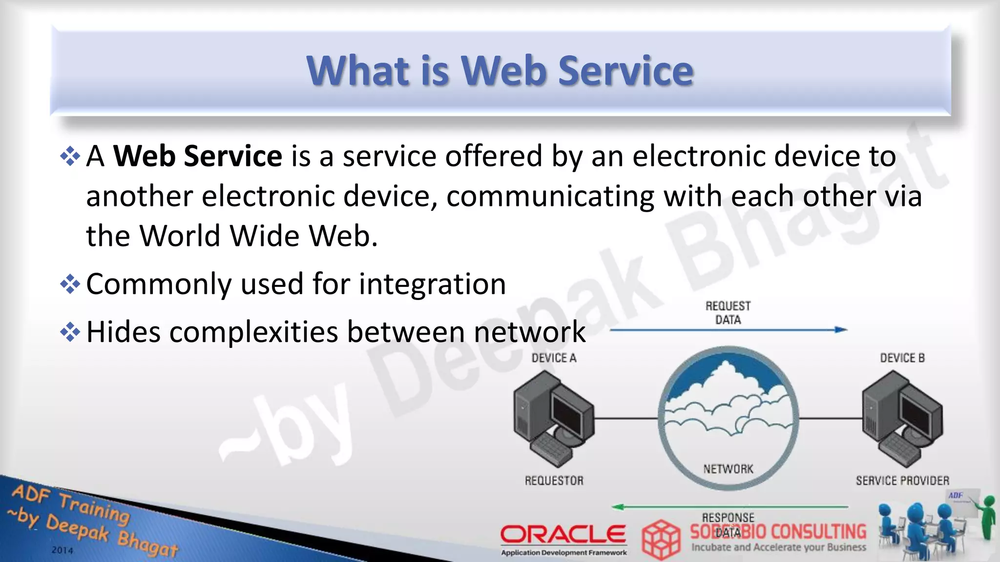 What is Web Service A Web Service is a service offered by an electronic device to another electronic device, communicating with each other via the World Wide Web. Commonly used for integration Hides complexities between network 
