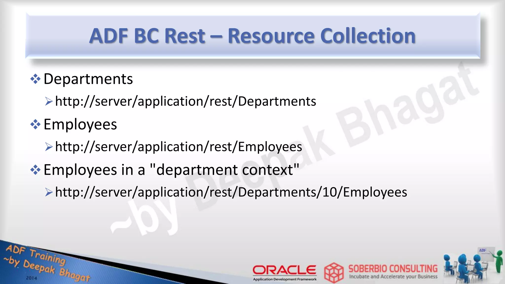 ADF BC Rest – Resource Collection Departments http://server/application/rest/Departments Employees http://server/application/rest/Employees Employees in a "department context" http://server/application/rest/Departments/10/Employees 