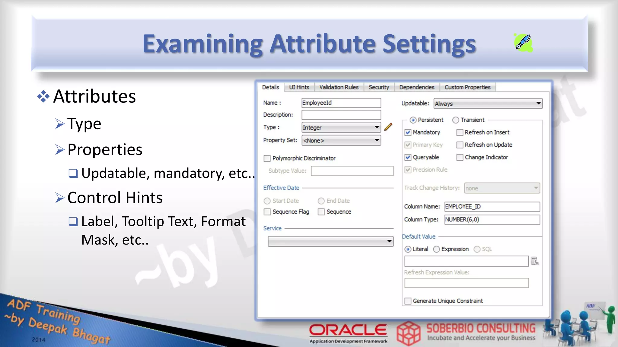 Examining Attribute Settings Attributes Type Properties  Updatable, mandatory, etc.. Control Hints  Label, Tooltip Text, Format Mask, etc.. 