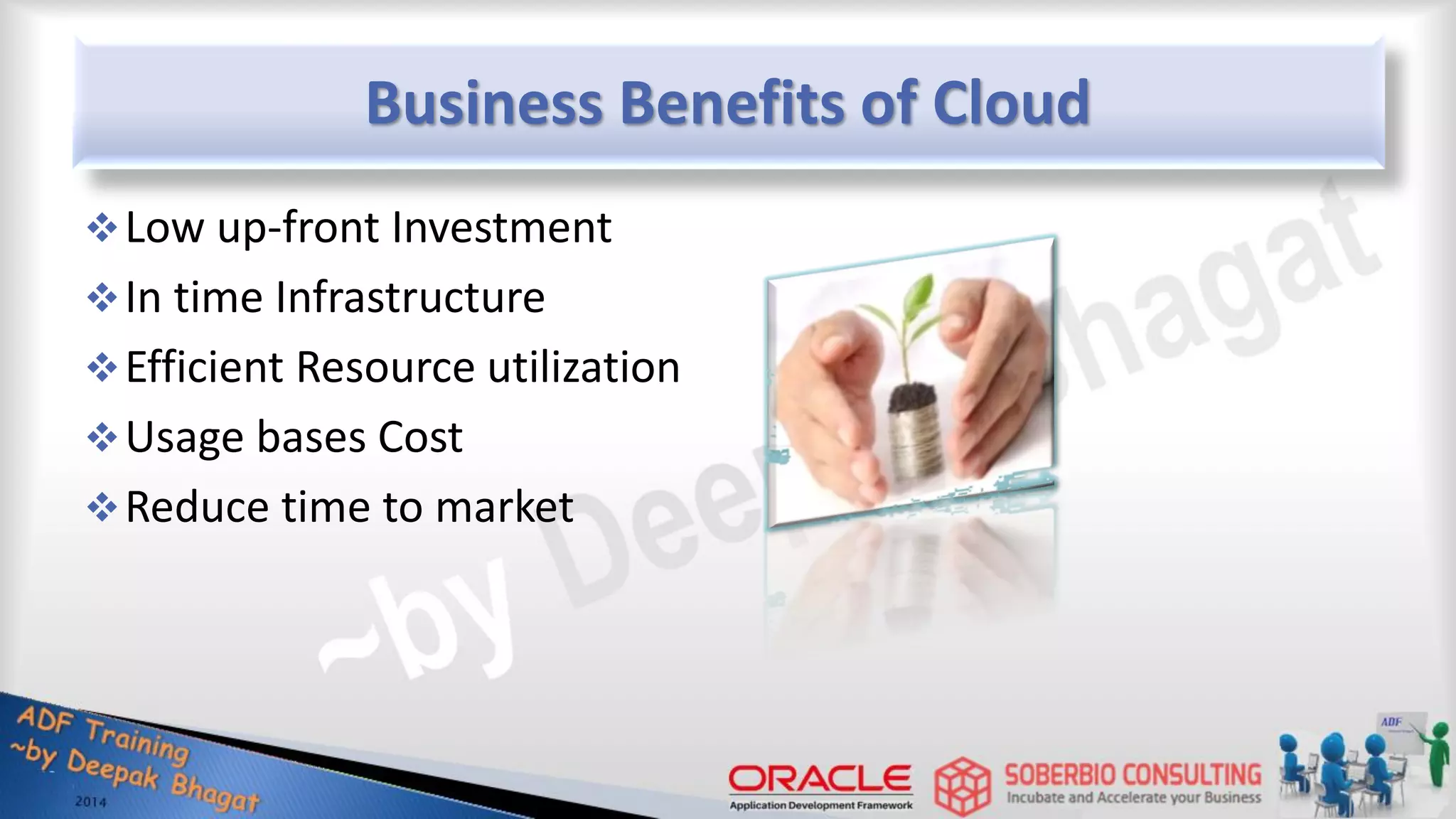Business Benefits of Cloud Low up-front Investment In time Infrastructure Efficient Resource utilization Usage bases Cost Reduce time to market 