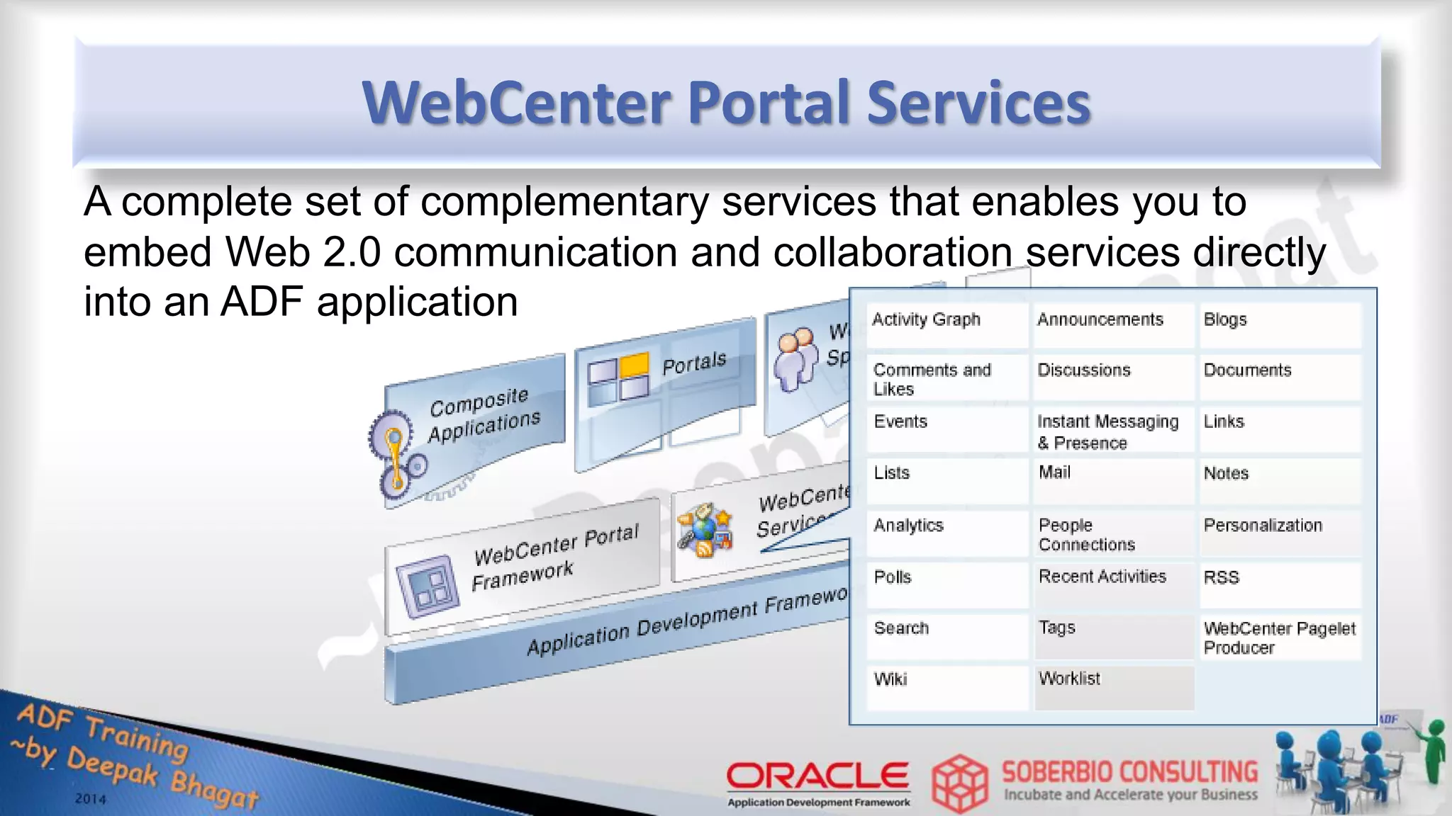 WebCenter Portal Services A complete set of complementary services that enables you to embed Web 2.0 communication and collaboration services directly into an ADF application 