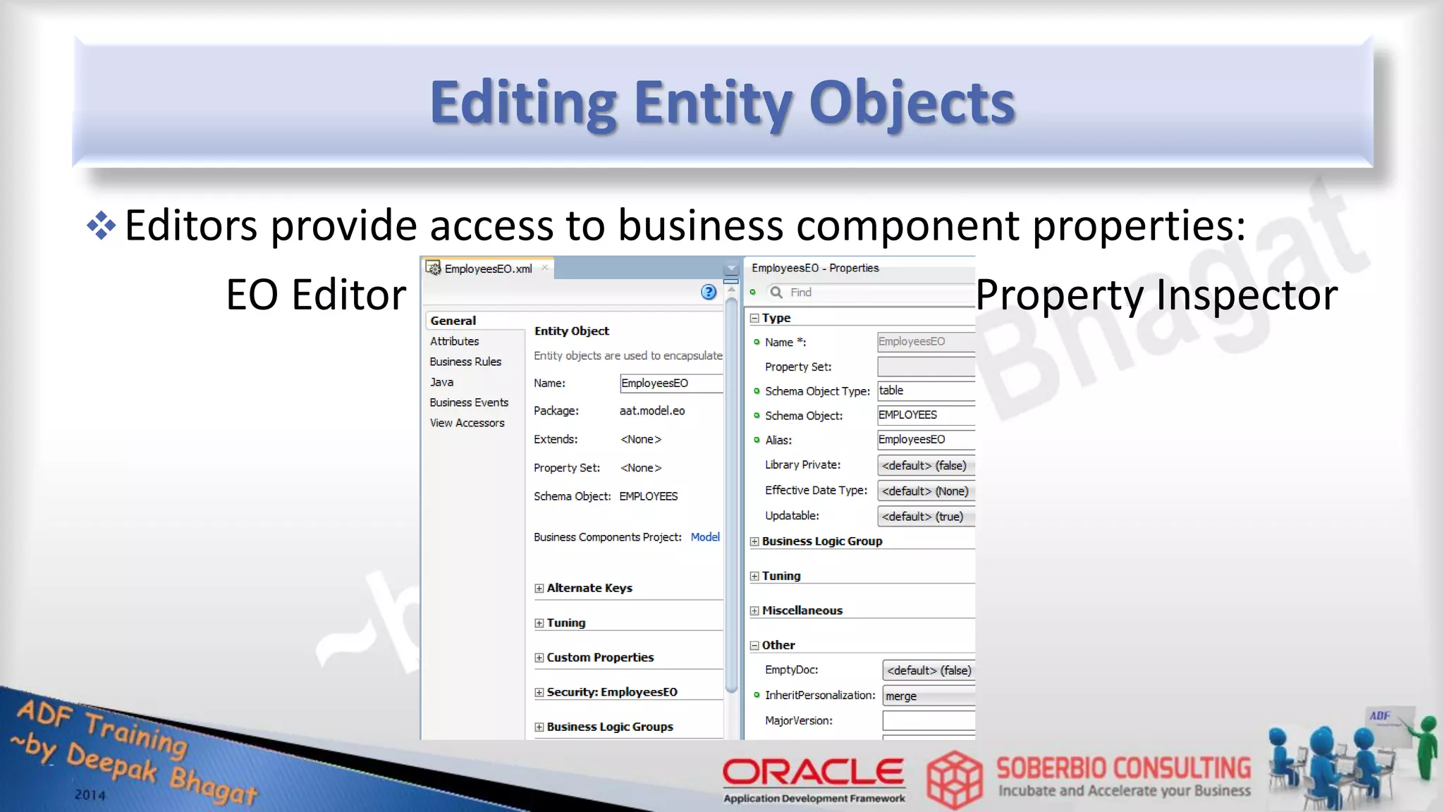 Editing Entity Objects Editors provide access to business component properties: EO Editor Property Inspector 