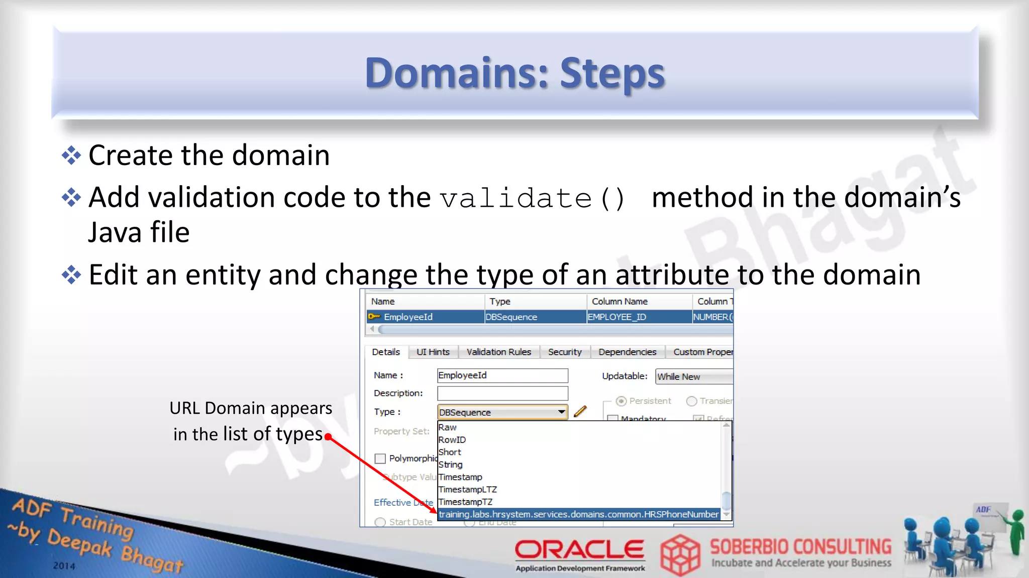 Domains: Steps  Create the domain  Add validation code to the validate() method in the domain’s Java file  Edit an entity and change the type of an attribute to the domain URL Domain appears in the list of types. 