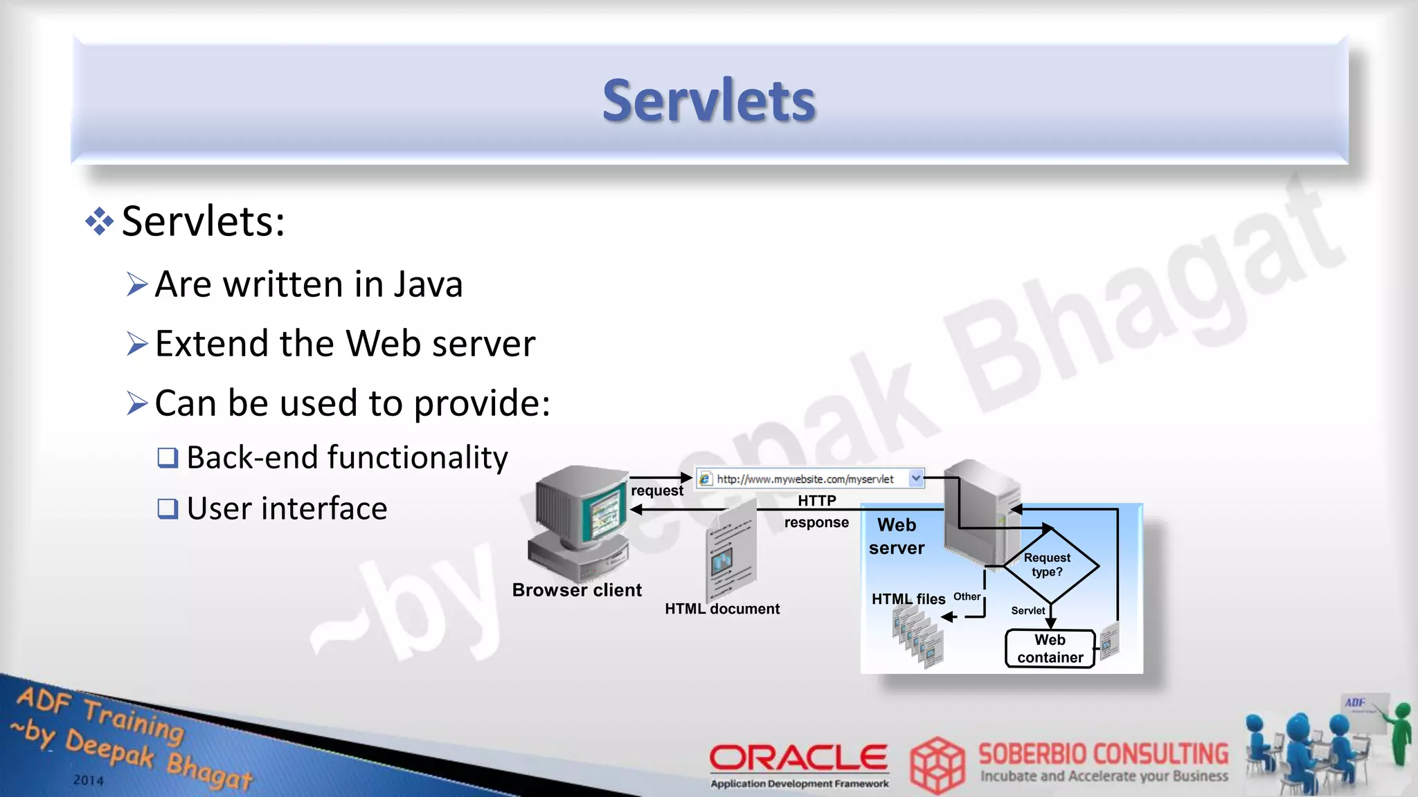 Servlets Servlets: Are written in Java Extend the Web server Can be used to provide:  Back-end functionality  User interface Web server Browser client request HTTP response HTML document HTML files Other Request type? Web container Servlet 