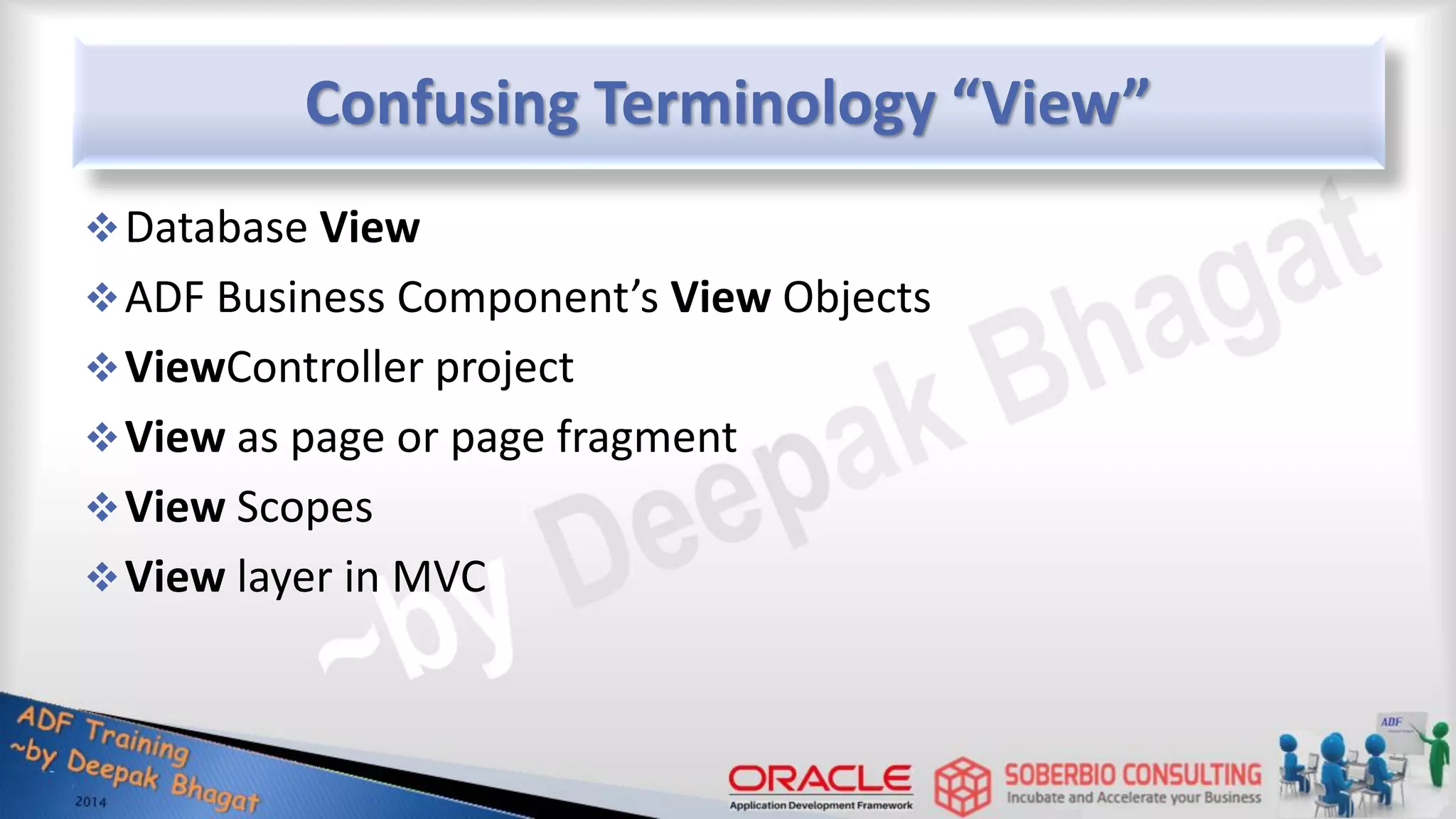 Confusing Terminology “View” Database View ADF Business Component’s View Objects ViewController project View as page or page fragment View Scopes View layer in MVC 