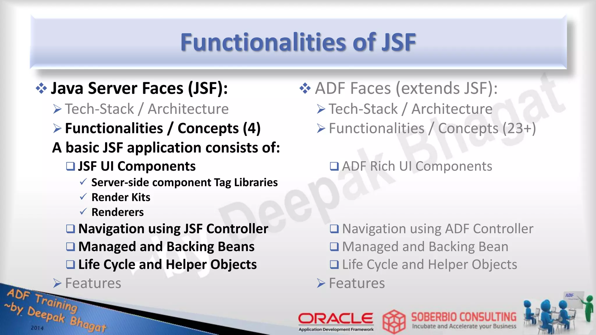 Functionalities of JSF  Java Server Faces (JSF): Tech-Stack / Architecture Functionalities / Concepts (4) A basic JSF application consists of:  JSF UI Components  Server-side component Tag Libraries  Render Kits  Renderers  Navigation using JSF Controller  Managed and Backing Beans  Life Cycle and Helper Objects Features  ADF Faces (extends JSF): Tech-Stack / Architecture Functionalities / Concepts (23+)  ADF Rich UI Components  Navigation using ADF Controller  Managed and Backing Bean  Life Cycle and Helper Objects Features 
