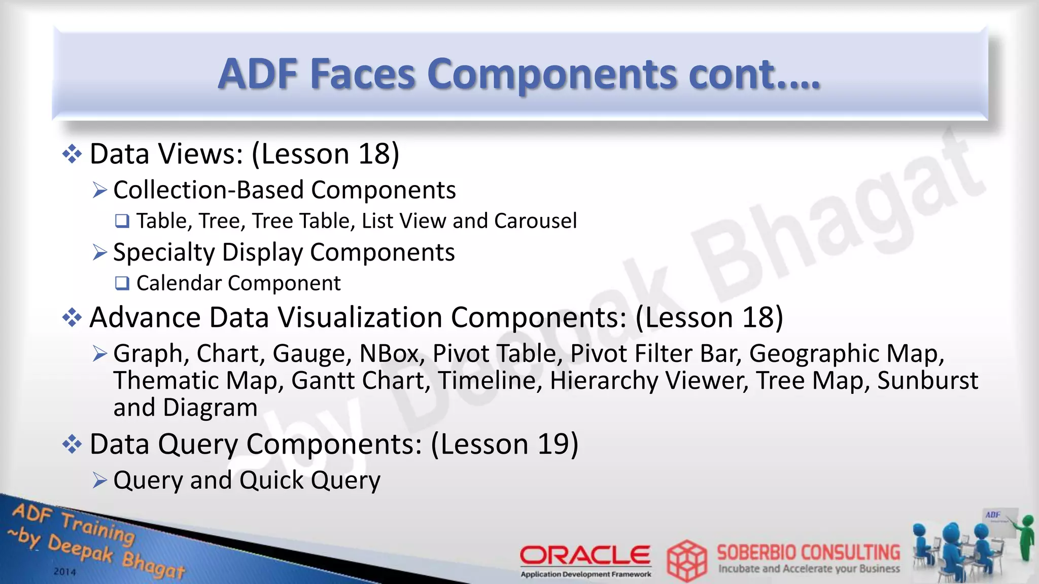 ADF Faces Components cont.…  Data Views: (Lesson 18) Collection-Based Components  Table, Tree, Tree Table, List View and Carousel Specialty Display Components  Calendar Component  Advance Data Visualization Components: (Lesson 18) Graph, Chart, Gauge, NBox, Pivot Table, Pivot Filter Bar, Geographic Map, Thematic Map, Gantt Chart, Timeline, Hierarchy Viewer, Tree Map, Sunburst and Diagram  Data Query Components: (Lesson 19) Query and Quick Query 