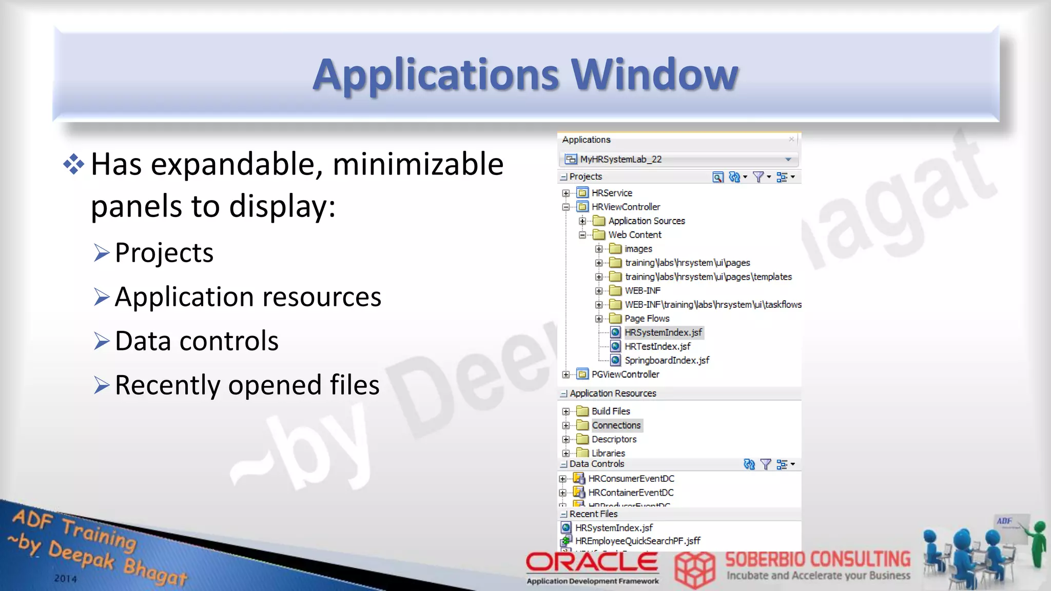 Applications Window Has expandable, minimizable panels to display: Projects Application resources Data controls Recently opened files 