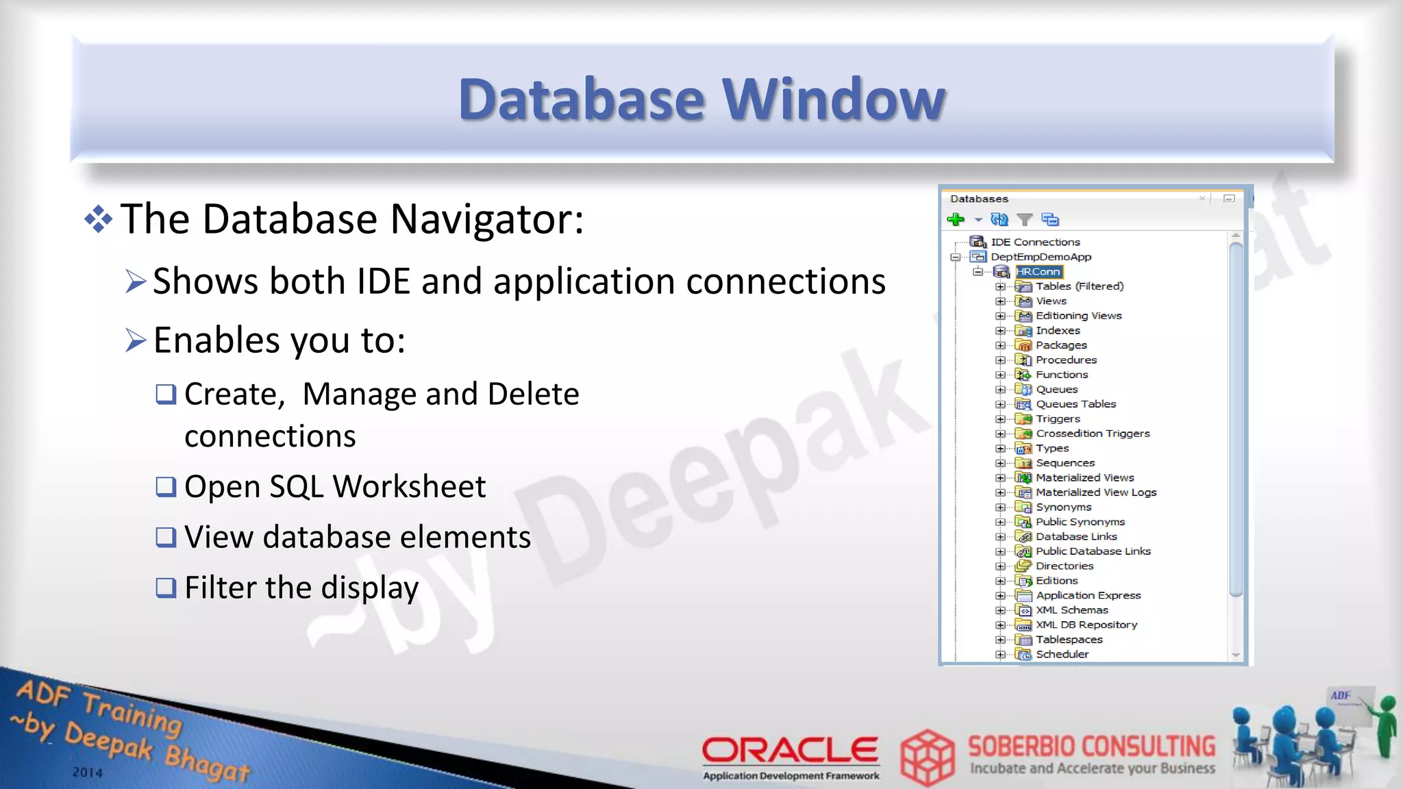 Database Window The Database Navigator: Shows both IDE and application connections Enables you to:  Create, Manage and Delete connections  Open SQL Worksheet  View database elements  Filter the display 