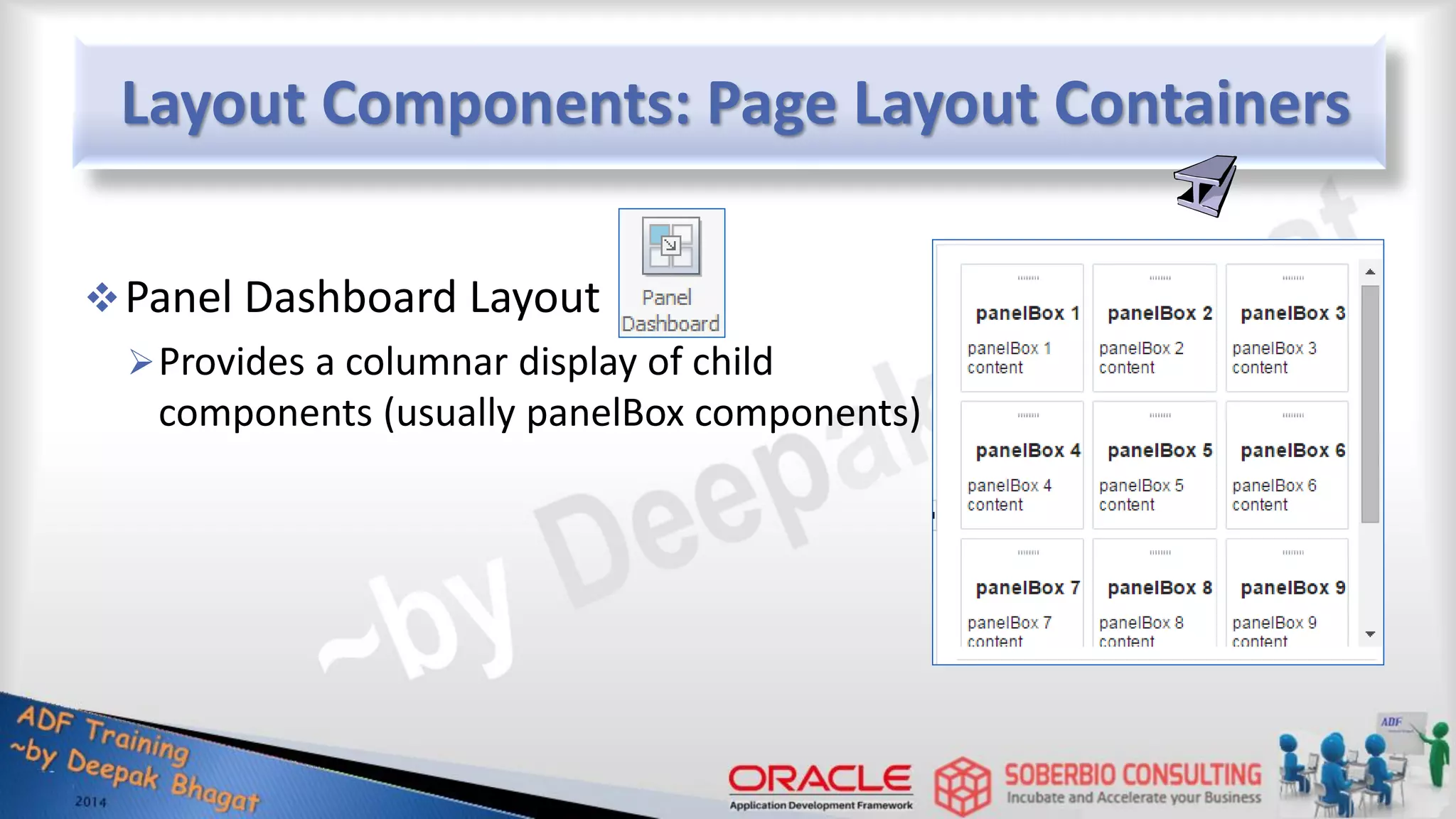 Layout Components: Page Layout Containers Panel Dashboard Layout Provides a columnar display of child components (usually panelBox components) 