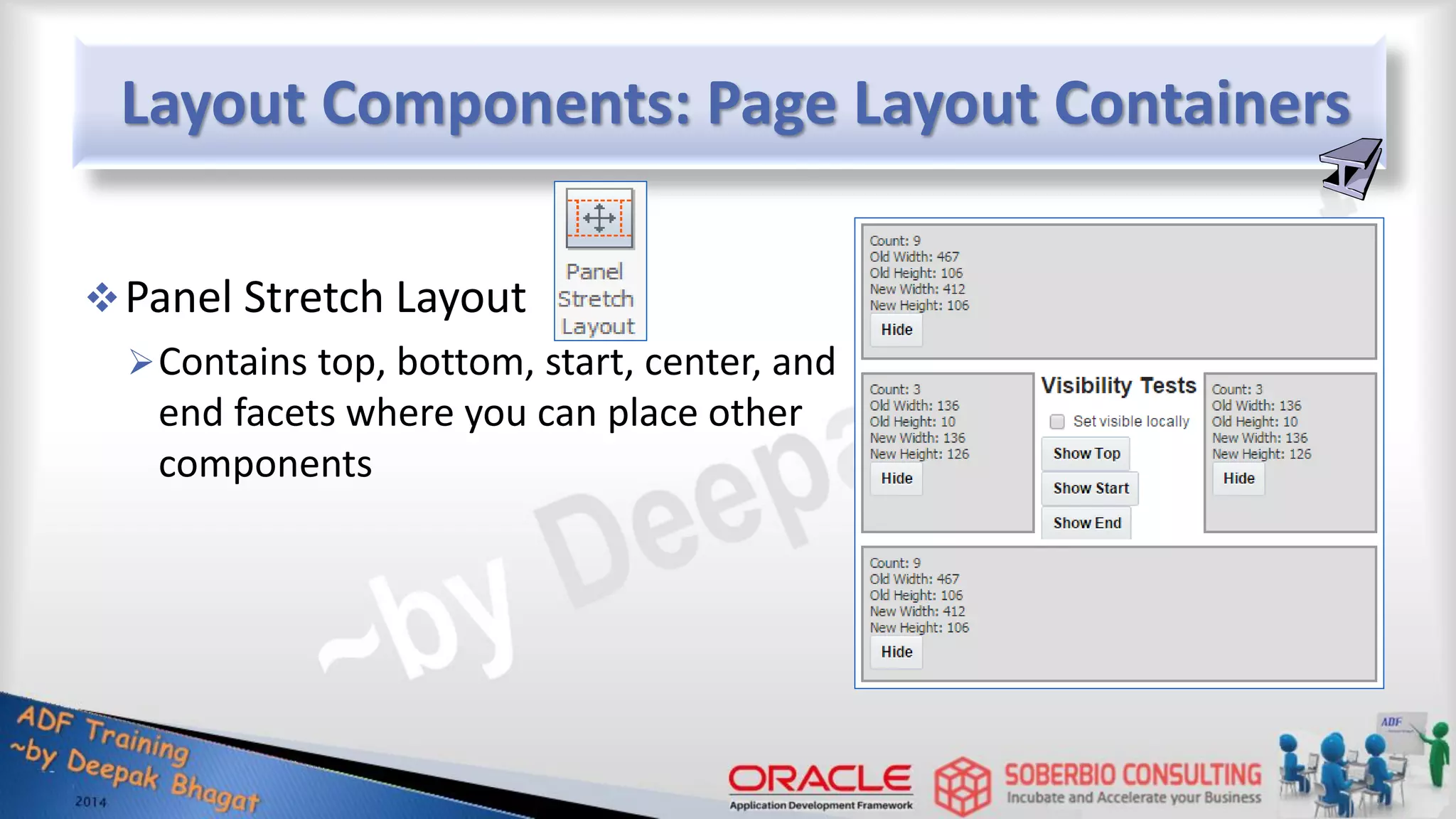 Layout Components: Page Layout Containers Panel Stretch Layout Contains top, bottom, start, center, and end facets where you can place other components 