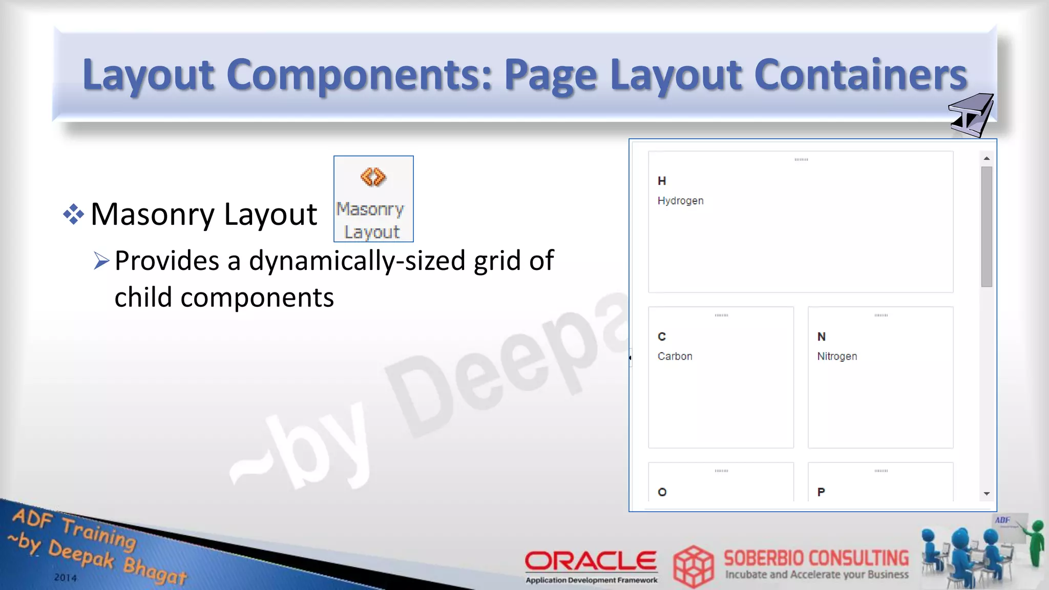 Layout Components: Page Layout Containers Masonry Layout Provides a dynamically-sized grid of child components 