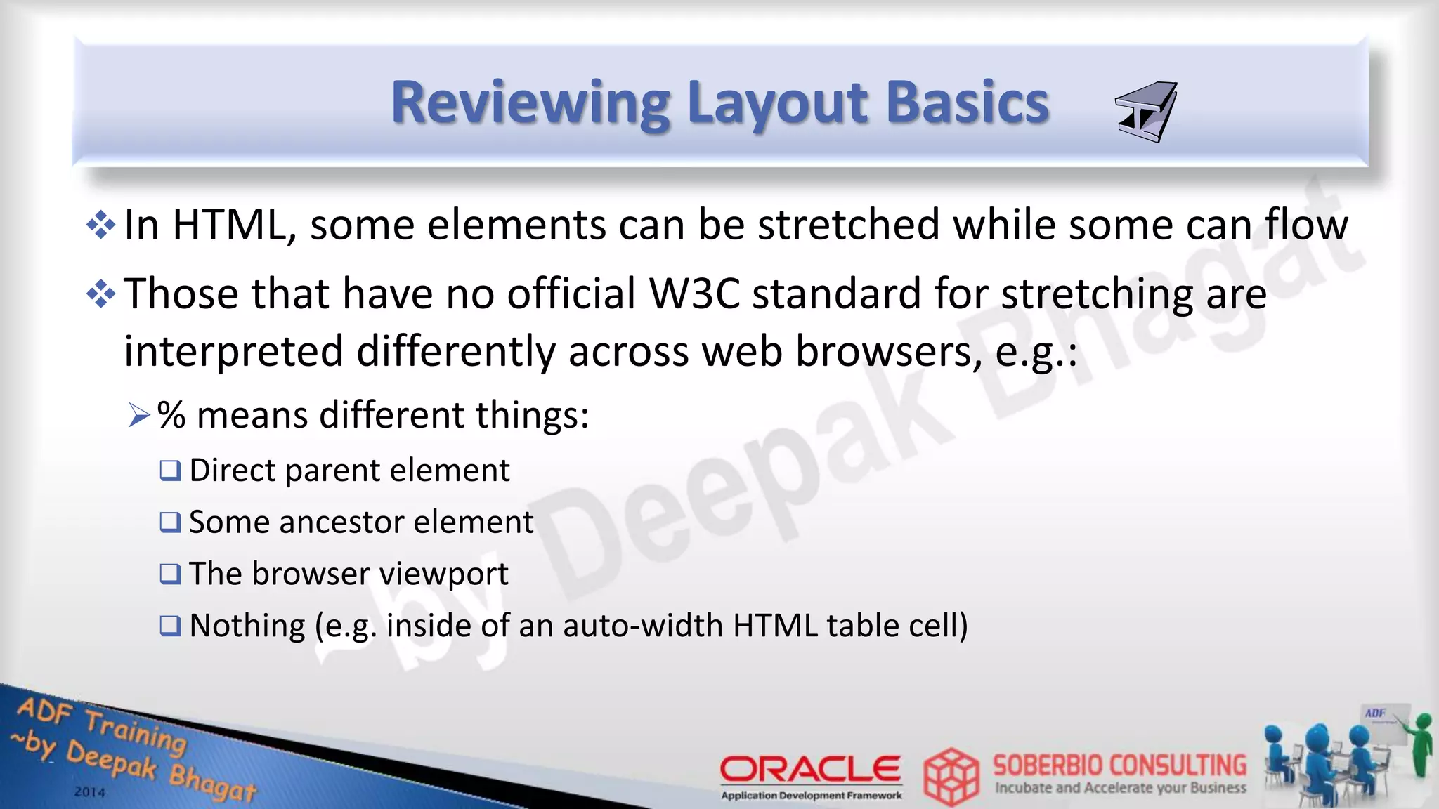 Reviewing Layout Basics In HTML, some elements can be stretched while some can flow Those that have no official W3C standard for stretching are interpreted differently across web browsers, e.g.: % means different things:  Direct parent element  Some ancestor element  The browser viewport  Nothing (e.g. inside of an auto-width HTML table cell) 