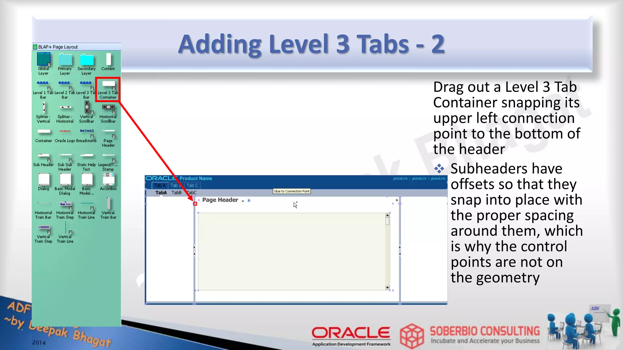 Adding Level 3 Tabs - 2 Drag out a Level 3 Tab Container snapping its upper left connection point to the bottom of the header  Subheaders have offsets so that they snap into place with the proper spacing around them, which is why the control points are not on the geometry 