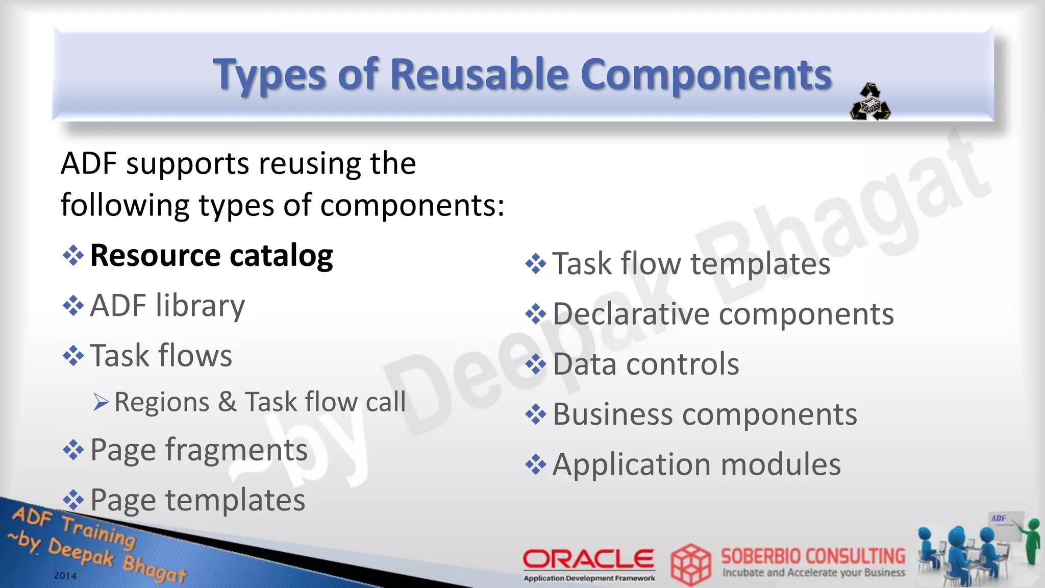 Types of Reusable Components ADF supports reusing the following types of components: Resource catalog ADF library Task flows Regions & Task flow call Page fragments Page templates Task flow templates Declarative components Data controls Business components Application modules 