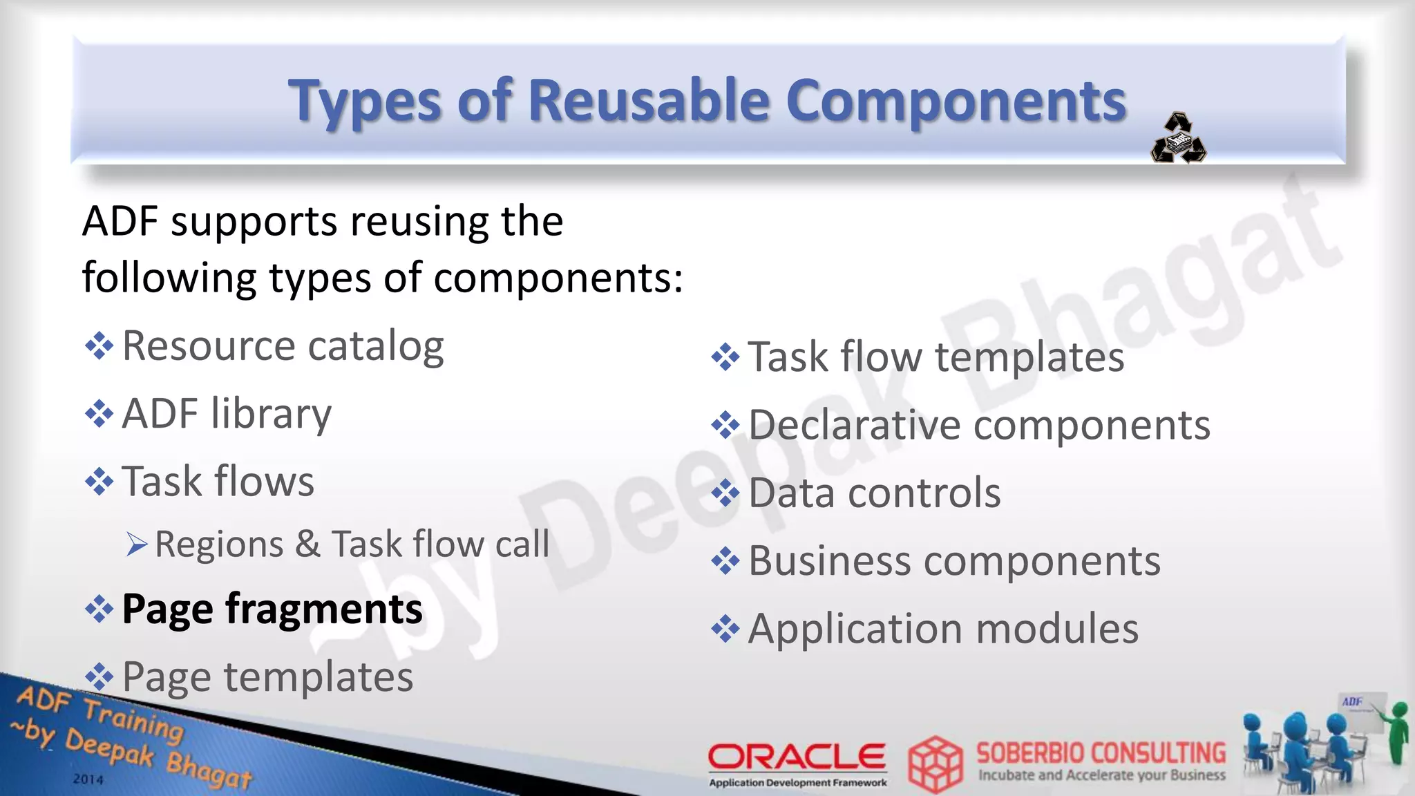 Types of Reusable Components ADF supports reusing the following types of components: Resource catalog ADF library Task flows Regions & Task flow call Page fragments Page templates Task flow templates Declarative components Data controls Business components Application modules 