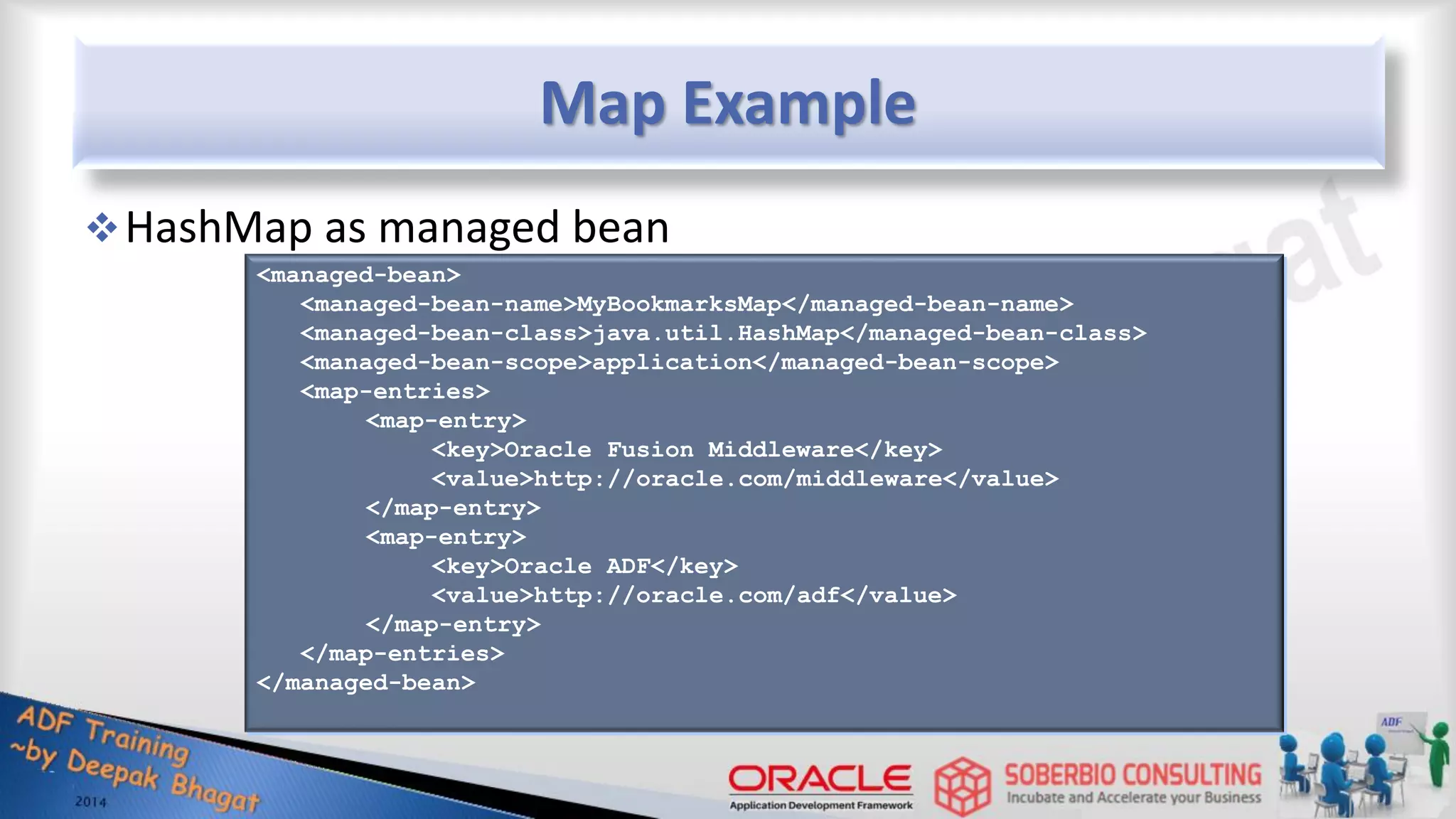 Map Example HashMap as managed bean <managed-bean> <managed-bean-name>MyBookmarksMap</managed-bean-name> <managed-bean-class>java.util.HashMap</managed-bean-class> <managed-bean-scope>application</managed-bean-scope> <map-entries> <map-entry> <key>Oracle Fusion Middleware</key> <value>http://oracle.com/middleware</value> </map-entry> <map-entry> <key>Oracle ADF</key> <value>http://oracle.com/adf</value> </map-entry> </map-entries> </managed-bean> 
