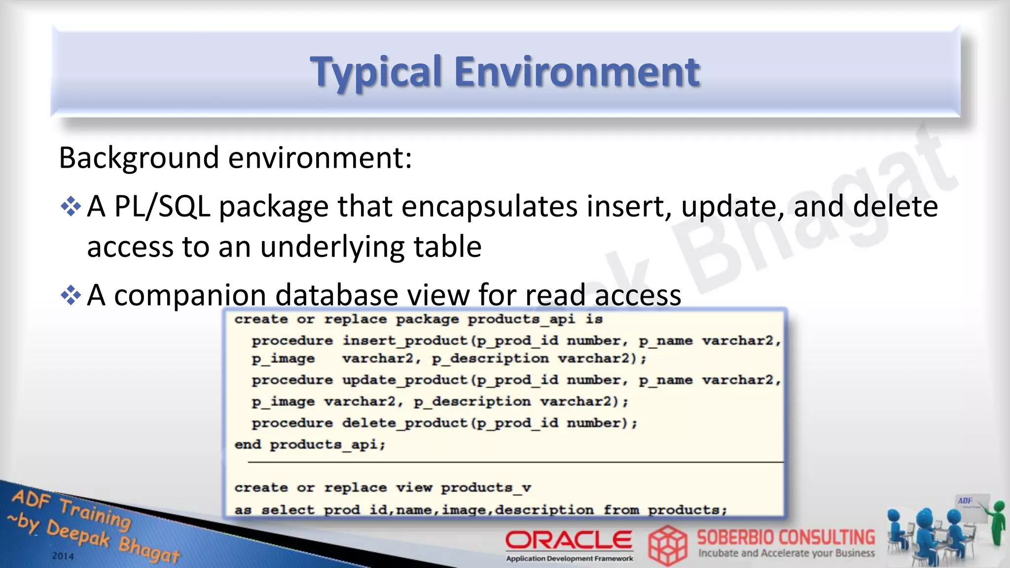 Typical Environment Background environment: A PL/SQL package that encapsulates insert, update, and delete access to an underlying table A companion database view for read access 