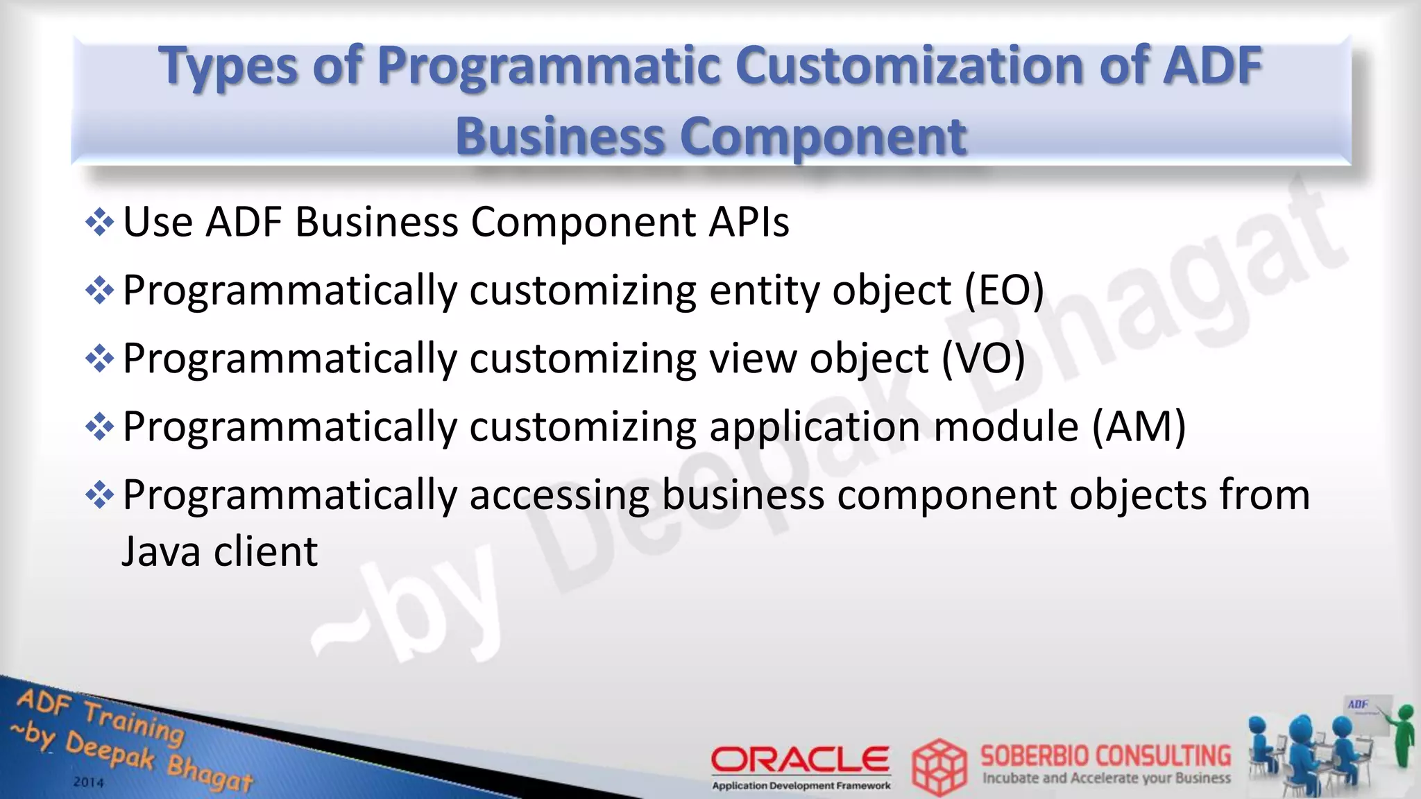Types of Programmatic Customization of ADF Business Component Use ADF Business Component APIs Programmatically customizing entity object (EO) Programmatically customizing view object (VO) Programmatically customizing application module (AM) Programmatically accessing business component objects from Java client 