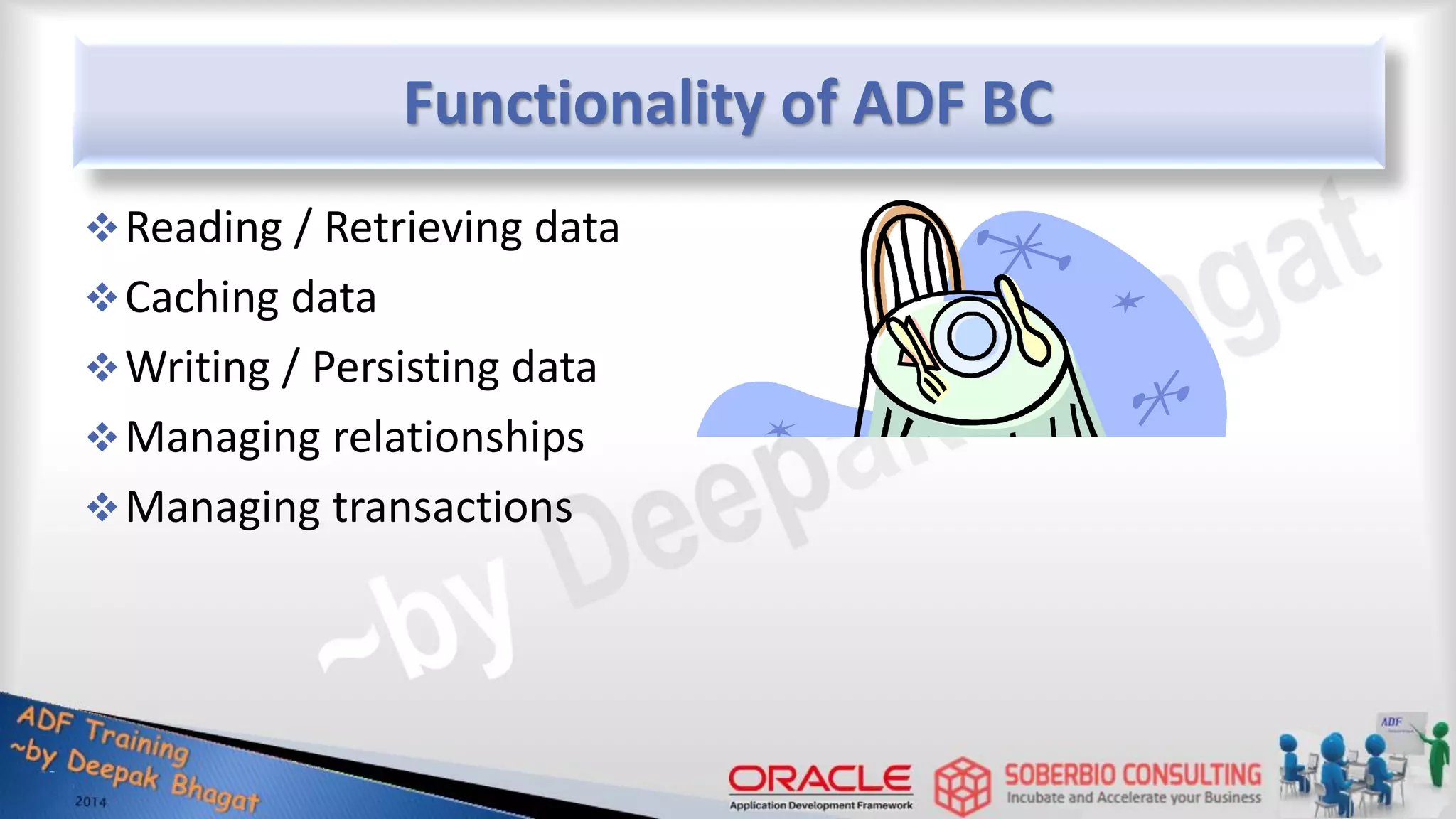Functionality of ADF BC Reading / Retrieving data Caching data Writing / Persisting data Managing relationships Managing transactions 