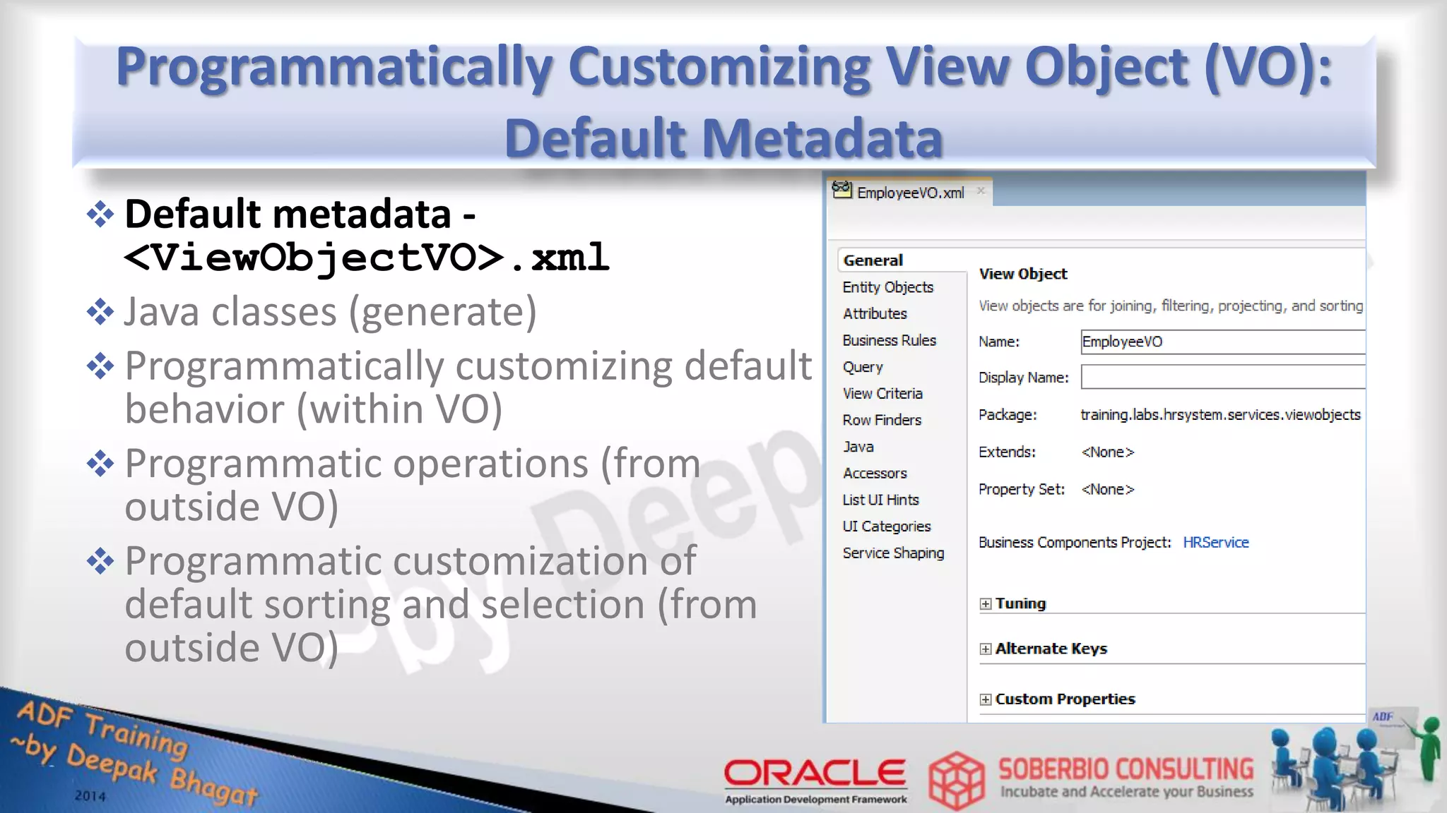 Programmatically Customizing View Object (VO): Default Metadata  Default metadata - <ViewObjectVO>.xml  Java classes (generate)  Programmatically customizing default behavior (within VO)  Programmatic operations (from outside VO)  Programmatic customization of default sorting and selection (from outside VO) 
