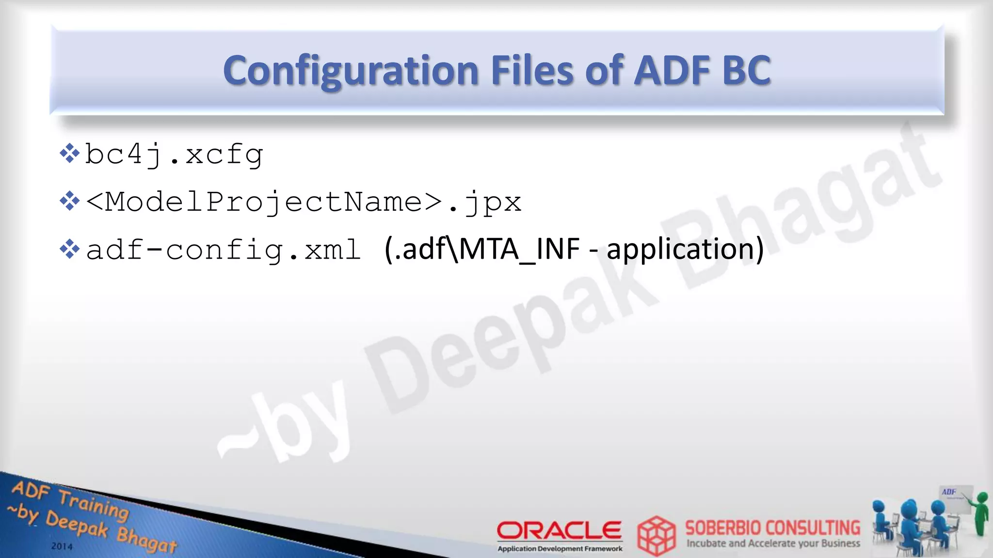 Configuration Files of ADF BC bc4j.xcfg <ModelProjectName>.jpx adf-config.xml (.adfMTA_INF - application) 