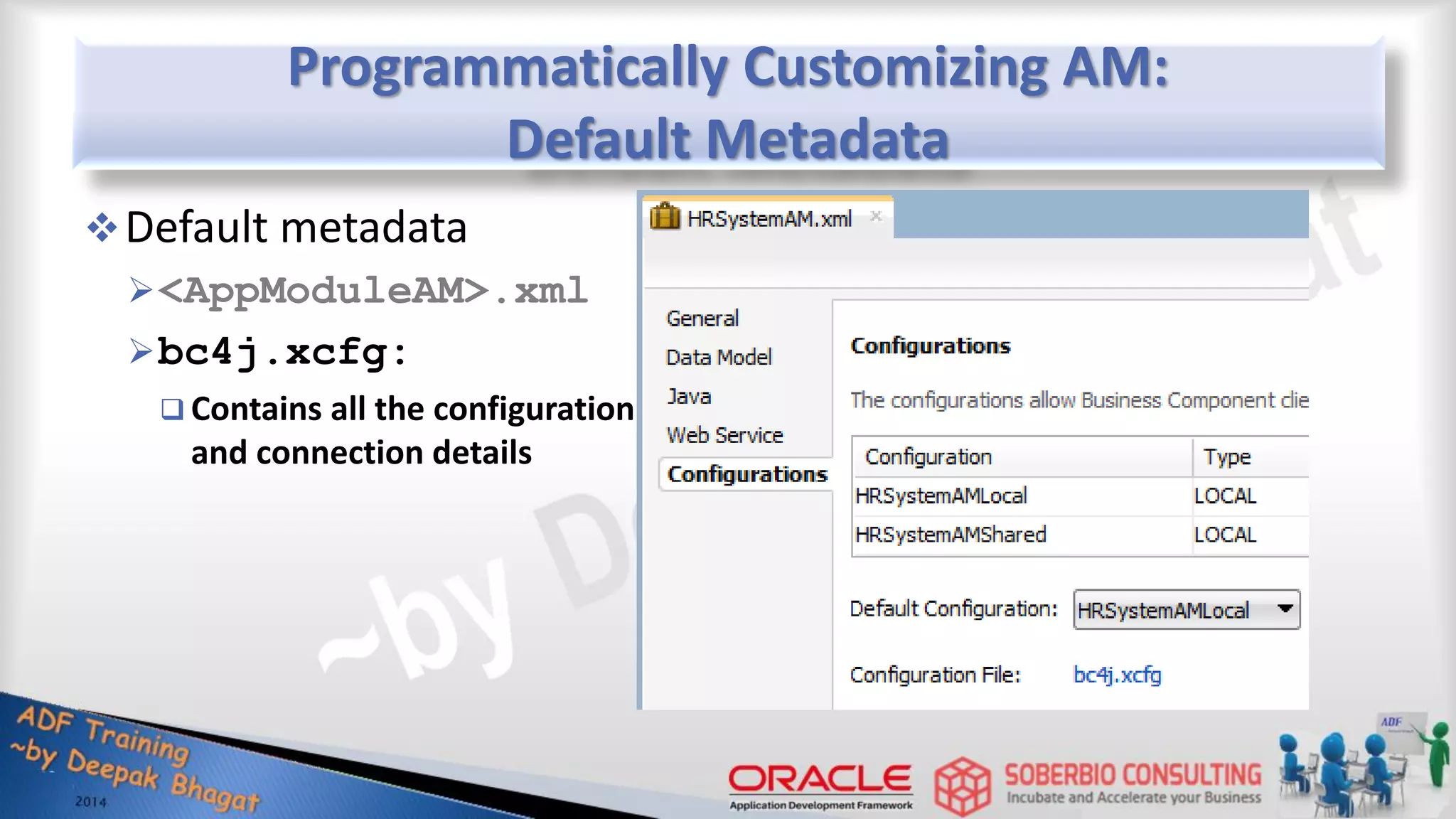 Programmatically Customizing AM: Default Metadata Default metadata <AppModuleAM>.xml bc4j.xcfg:  Contains all the configuration and connection details 