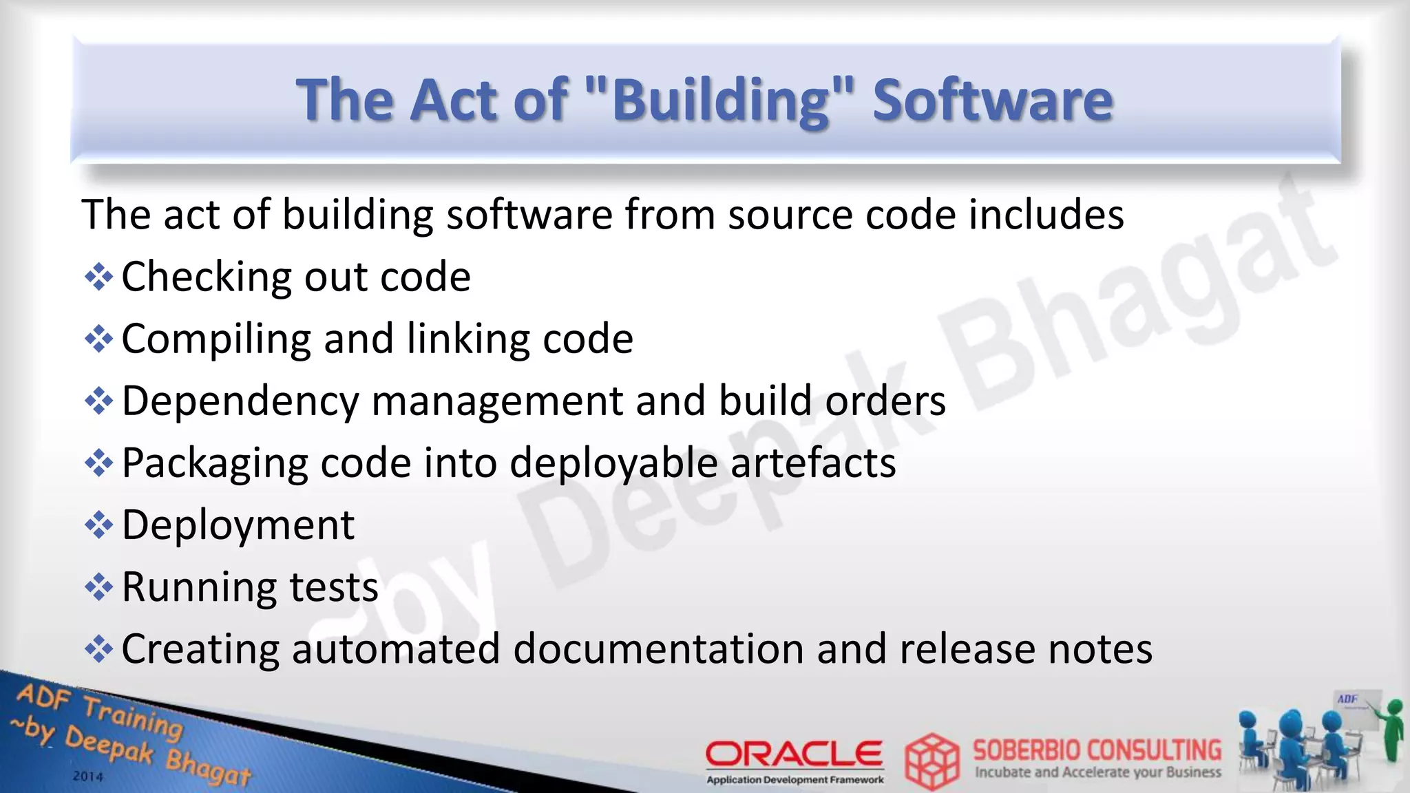 The Act of "Building" Software The act of building software from source code includes Checking out code Compiling and linking code Dependency management and build orders Packaging code into deployable artefacts Deployment Running tests Creating automated documentation and release notes 