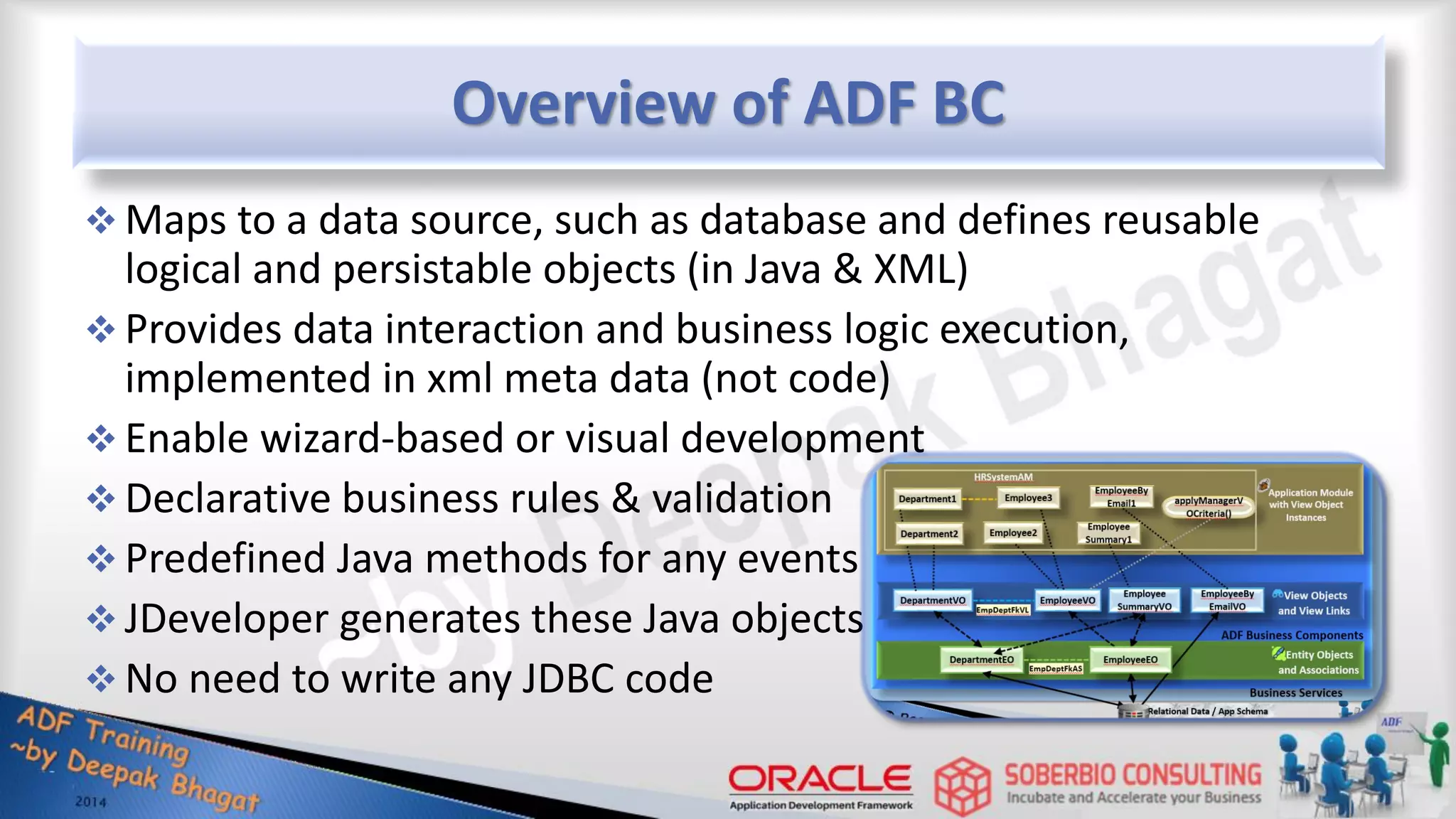 Overview of ADF BC  Maps to a data source, such as database and defines reusable logical and persistable objects (in Java & XML)  Provides data interaction and business logic execution, implemented in xml meta data (not code)  Enable wizard-based or visual development  Declarative business rules & validation  Predefined Java methods for any events  JDeveloper generates these Java objects  No need to write any JDBC code 