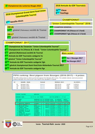 Vente Tournai-Kain Janvier 2020
Page 4/4
CHAMPIONNAT 2017
4ème
Championnat du Tenancier ‘’Union Colombophile Tournai’’
4ème
Championnat Vx (Vitesse & ½ fond) ‘’Union Colombophile Tournai’’
5ème
général (Nationaux) société de Tournai
7ème
Amicale du GDF Tournaisis catégorie Vx
7ème
général ‘’Union Colombophile Tournai’’
10ème
Amicale du GDF Tournaisis catégorie Ygls
14ème
général championnat Demi-fond Kain-Molenbaix-Tournai 2017
28ème
Amicale du GDF Tournaisis catégorie Pgx
7ème
CHAMPION GENERAL ‘’Union Tournai’’
2ème
CHAMPIONNAT VX (Vitesse et ½ fond) ‘’Union Tournai’’
2ème
CHAMPIONNAT Ygls (Vitesse et ½ fond) ‘’Union Tournai’’
2016
14ème
général (Nationaux) société de Tournai
2017
5ème
général (Nationaux) société de Tournai
CHAMPIONNAT
‘’Union Colombophile Tournai’’ 2016
7ème
CHAMPION GENERAL
2ème
CHAMPIONNAT VX (Vitesse et ½ fond)
2ème
CHAMPIONNAT Ygls (Vitesse et ½ fond)
Mais aussi :
47ème
Nat. Z Bourges 2017
82ème
Nat Bourges 2017
1er
Championnat des Lanternes Rouges 2018 2018 Amicale du GDF Tournaisis
14ème
Vieux
9ème
Yearlings
 