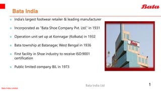 Bata India Limited
 India’s largest footwear retailer & leading manufacturer
 Incorporated as “Bata Shoe Company Pvt. Ltd.” in 1931
 Operation unit set up at Konnagar (Kolkata) in 1932
 Bata township at Batanagar, West Bengal in 1936
 First facility in Shoe industry to receive ISO:9001
certification
 Public limited company BIL in 1973
Bata India Ltd 1
Bata India
 