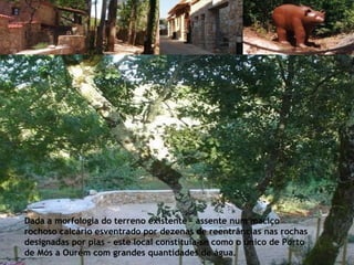 Dada a morfologia do terreno existente – assente num maciço rochoso calcário esventrado por dezenas de reentrâncias nas rochas designadas por pias – este local constituía-se como o único de Porto de Mós a Ourém com grandes quantidades de água. 