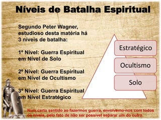 Segundo Peter Wagner,
estudioso desta matéria há
3 níveis de batalha:
1º Nível: Guerra Espiritual
em Nível de Solo
2º Nível: Guerra Espiritual
em Nível de Ocultismo
3º Nível: Guerra Espiritual
em Nível Estratégico
Níveis de Batalha Espiritual
Estratégico
Ocultismo
Solo
Num certo sentido ao fazermos guerra, envolvemo-nos com todos
os níveis, pelo fato de não ser possível separar um do outro.
 
