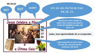 Mt
26:
17-
20
Um de vós me há de trair.
Mt 26: 21
QUEM?
EU?EU?
Mt 26:22
Aquele que come comigo no
prato. Mas ai desse por quem o
FILHO DO HOMEM é traído. Mt
26:23 -24
Judas, teve oportunidade de se arrepender.
Judas pergunta se é ele e Jesus
diz que sim, que ele mesmo
confessou. Mt 26:25
 