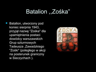 BBaattaalliioonn ,,,,ZZoośśkkaa”” 
 BBaattaalliioonn,, uuttwwoorrzzoonnyy ppoodd 
kkoonniieecc ssiieerrppnniiaa 11994433,, 
pprrzzyyjjąąłł nnaazzwwęę ""ZZoośśkkaa"" ddllaa 
uuppaammiięęttnniieenniiaa ppoossttaaccii 
ddoowwóóddccyy wwaarrsszzaawwsskkiicchh 
GGrruupp sszzttuurrmmoowwyycchh 
TTaaddeeuusszzaa ,,ZZaawwaaddzzkkiieeggoo 
""ZZoośśkkii"" ((ppoolleeggłłeeggoo ww aakkccjjii 
nnaa ppoosstteerruunneekk ggrraanniicczznnyy 
ww SSiieecczzyycchhaacchh ).. 
 