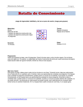 Ministerio Infantil                                                                                          Juegos
 


                    Batalla de Conocimiento

              Juego de ingenuidad, habilidad, y tal vez un poco de suerte. (Juego para grupos)




Materiales:                                                                                Temas:
Diurex                                                                                     Repaso trimestral,
Baloncito de tela                                                                          Repaso de la historia
1 pedazo de papel de construcción rojo
1 pedazo de papel de construcción negro
16 preguntas



Duración:                                                                                  Edad:
15 minutos                                                                                 Grados 2 3 4 5




Preparación:
Antes que empiece la clase, crea 16 preguntas. Corte 8 círculos rojos y ocho círculos negros. Con el diurex,
crea una rejilla con 16 cuadros. La rejilla debe ser hecha 4 secciones de ancho por cuatro secciones de largura.
Cada sección debe ser igual en tamaño. Divide los niños en dos equipos.




Qué vas a hacer:
Para ganar el juego, debes poner cuatro de los círculos en una línea. Tomando turnos, deja que cada equipo
tire un baloncito en un cuadrado vacío. Si atinan, tiene una oportunidad de contestar una pregunta. Si el equipo
pudo contestar la pregunta correctamente, pueden poner un círculo en el cuadrado. Si el equipo no contesta
correctamente, el otro equipo tiene una oportunidad de contestar la misma pregunta. Entonces si ellos lo
contestan bien, pueden poner un círculo en el cuadrado. Cuando un círculo es puesto adentro del cuadrado, no
se puede remover. Las personas en cada equipo se pueden ayudar, pero cada persona en el equipo debe
tomar turnos en aventar el baloncito. Si ni un equipo tiene cuatro círculos en una línea, ni un equipo gana.




www.tuministerioinfantil.com                                                    Enciclopedia   Min Infantil
 
 