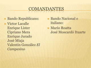 ComandantesBando Republicano:Victor LacalleEnrique LísterCipriano MeraEnrique JuradoJosé MiajaValentin González El CampesinoBando Nacional e italiano:Mario RoattaJosé Moscardó Ituarte