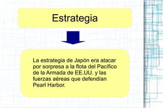 Estrategia
La estrategia de Japón era atacar
por sorpresa a la flota del Pacífico
de la Armada de EE.UU. y las
fuerzas aéreas que defendían
Pearl Harbor.
 