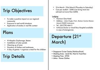 •   21st March - 23rd March (Thursday to Saturday)

Trip Objectives                                             •   Cost per student : $280 (can bring more but
                                                                advised not more than $400)

                                                        Lodging
•   To make a positive impact on our regional             • Harmoni One Hotel
    community                                             • Address : Jalan Engku Putri, Batam Centre Batam
•   Exposure to real world situations                        Island 29400 Indonesia
•   Application of studies in real life context           • Tel : (62-778) 464-11
                                                          • In-House Doctor or Awal Bros Hospital available
                                                             in case of emergencies

Plans
                                                        Departure (21st
                                                        March)
•   @ Alaqsho Orphanage, Batam
•   Installation of solar panels
•   Cleaning up of area
•   Donation of clothes and mattresses
•   A day of games + organize a meal for the children
                                                        •   Singapore Cruise Centre (Harbourfront)
                                                        •   Meeting Area : Level 02, Next to Toast Box

Trip Details                                            •
                                                        •
                                                            Meeting Time : 0730
                                                            Attire : Home Clothes
 