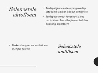 Solenostele
ektofloem
• Terdapat jendela daun yang overlap
satu sama lain dan disebut diktiostele
• Terdapat struktur konsentris yang
terdiri atas xilem dibagian sentral dan
dikelilingi oleh floem
• Berkembang secara evolusioner
menjadi eustele
Solenostele
amfifloem
 