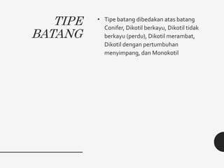 TIPE
BATANG
• Tipe batang dibedakan atas batang
Conifer, Dikotil berkayu, Dikotil tidak
berkayu (perdu), Dikotil merambat,
Dikotil dengan pertumbuhan
menyimpang, dan Monokotil
 