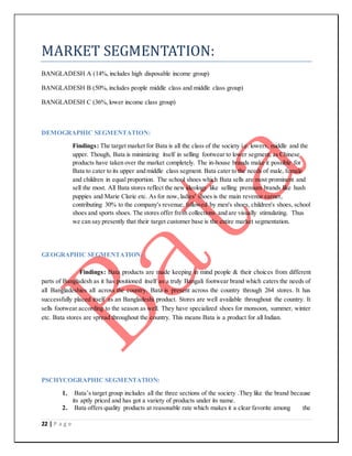 22 | P a g e
MARKET SEGMENTATION:
BANGLADESH A (14%, includes high disposable income group)
BANGLADESH B (50%, includes people middle class and middle class group)
BANGLADESH C (36%, lower income class group)
DEMOGRAPHIC SEGMENTATION:
Findings: The target market for Bata is all the class of the society i.e. lowers, middle and the
upper. Though, Bata is minimizing itself in selling footwear to lower segment, as Chinese
products have taken over the market completely. The in-house brands make it possible for
Bata to cater to its upper and middle class segment. Bata cater to the needs of male, female
and children in equal proportion. The school shoes which Bata sells are most prominent and
sell the most. All Bata stores reflect the new ideology like selling premium brands like hush
puppies and Marie Clarie etc. As for now, ladies' shoes is the main revenue earner,
contributing 30% to the company's revenue, followed by men's shoes, children's shoes, school
shoes and sports shoes. The stores offer fresh collections and are visually stimulating. Thus
we can say presently that their target customer base is the entire market segmentation.
GEOGRAPHIC SEGMENTATION:
Findings: Bata products are made keeping in mind people & their choices from different
parts of Bangladesh as it has positioned itself as a truly Bangali footwear brand which caters the needs of
all Bangladeshies all across the country. Bata is present across the country through 264 stores. It has
successfully placed itself as an Bangladeshi product. Stores are well available throughout the country. It
sells footwear according to the season as well. They have specialized shoes for monsoon, summer, winter
etc. Bata stores are spread throughout the country. This means Bata is a product for all Indian.
PSCHYCOGRAPHIC SEGMENTATION:
1. Bata’s target group includes all the three sections of the society .They like the brand because
its aptly priced and has got a variety of products under its name.
2. Bata offers quality products at reasonable rate which makes it a clear favorite among the
 