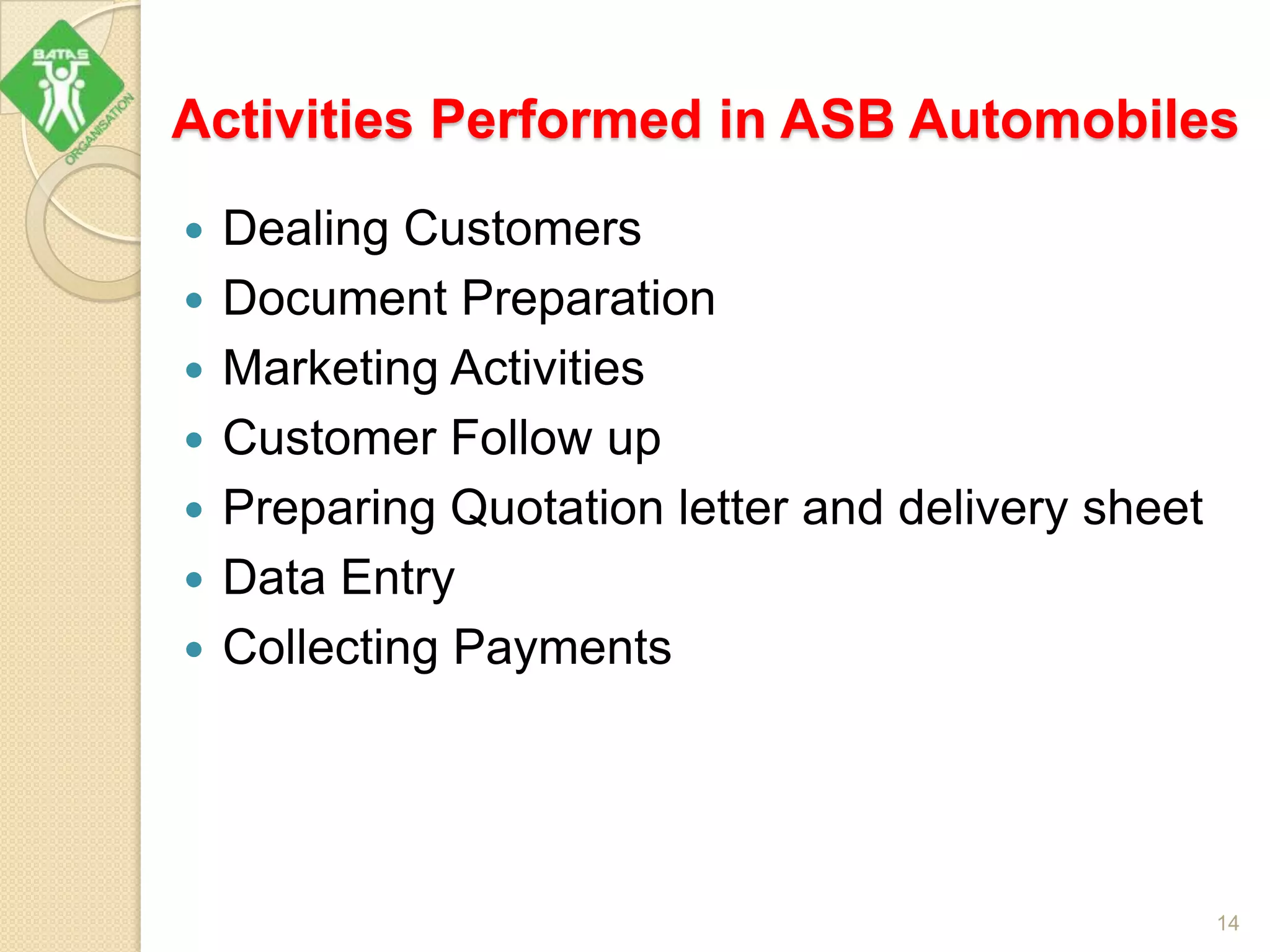 Activities Performed in ASB Automobiles
 Dealing Customers
 Document Preparation
 Marketing Activities
 Customer Follow up
 Preparing Quotation letter and delivery sheet
 Data Entry
 Collecting Payments
14
 