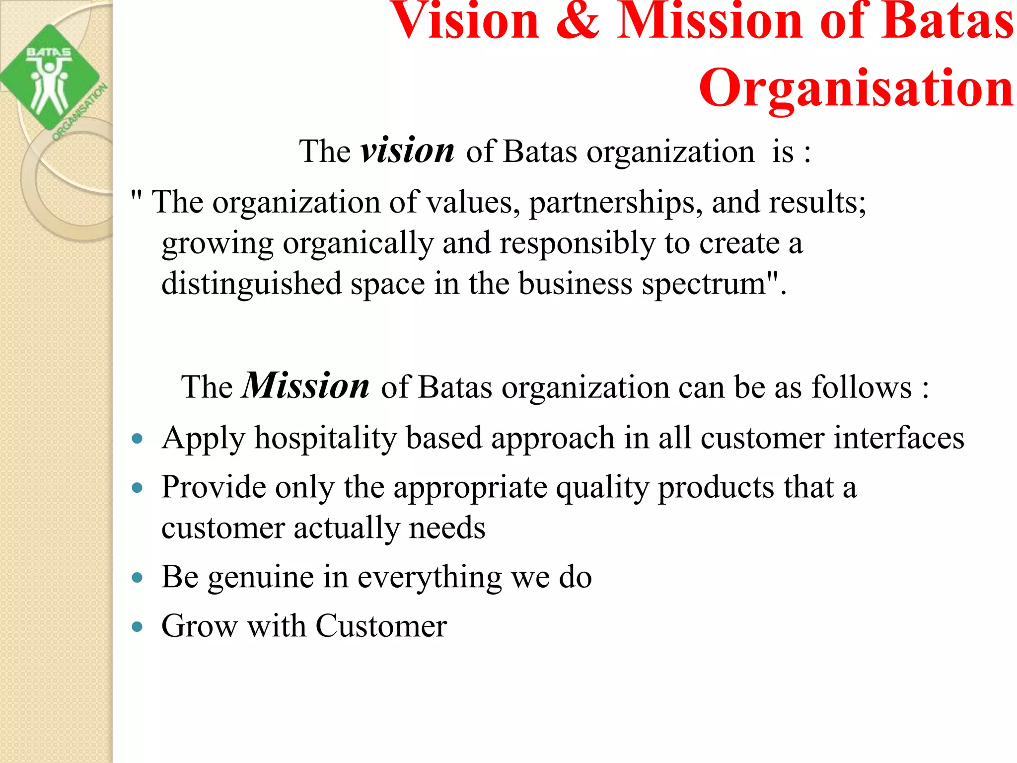 Vision & Mission of Batas
Organisation
The vision of Batas organization is :
" The organization of values, partnerships, and results;
growing organically and responsibly to create a
distinguished space in the business spectrum".
The Mission of Batas organization can be as follows :
 Apply hospitality based approach in all customer interfaces
 Provide only the appropriate quality products that a
customer actually needs
 Be genuine in everything we do
 Grow with Customer
 