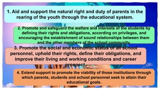 3. Promote the social and economic status of all school
personnel, uphold their rights, define their obligations, and
improve their living and working conditions and career
prospect.
4. Extend support to promote the viability of those institutions through
which parents, students and school personnel seek to attain their
educational goals.
2. Promote and safeguard the welfare and interests of the students by
defining their rights and obligations, according on privileges, and
encouraging the establishment of sound relationships between them
and the other members of the school community.
1. Aid and support the natural right and duty of parents in the
rearing of the youth through the educational system.
 