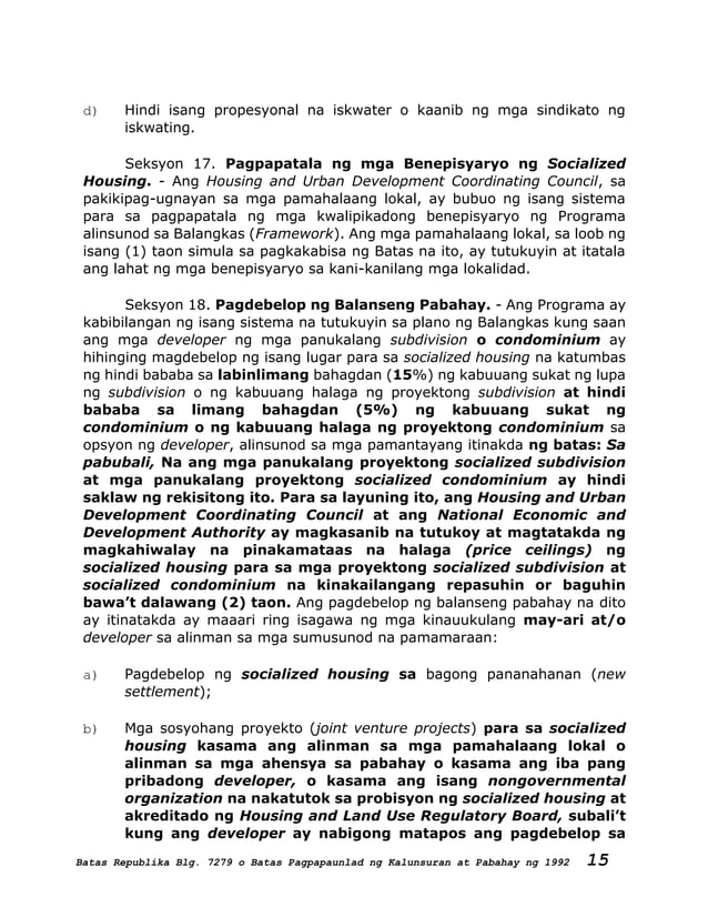 Batas Republika Blg. 7279, na huling sinusugan ng Batas Republika Blg