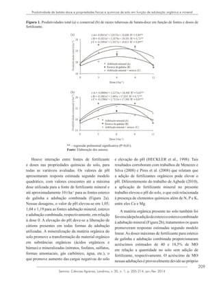 209
Semina: Ciências Agrárias, Londrina, v. 35, n. 1, p. 205-214, jan./fev. 2014
Produtividade de batata-doce e propriedades físicas e químicas de solo em função de adubação orgânica e mineral
Figura 1. Produtividades total (a) e comercial (b) de raízes tuberosas de batata-doce em função de fontes e doses de
fertilizante.
Figura 1. Produtividades total (a) e comercial (b) de raízes
tuberosas de batata-doce em função de fontes e doses de
fertilizante.
** – regressão polinomial significativa (P<0,01).
Fonte: Elaboração dos autores.
Na dose média de máximas respostas (6,5 t ha-1
) os valores de K2O e N fornecidos foram de 234 e
150 kg ha-1
, respectivamente. Esses teores foram aplicados em única dose apenas no plantio, ou seja,
provavelmente houve perdas por lixiviação e volatilização, respectivamente, durante o ciclo da cultura.
Dessa forma, de acordo com Echer et al. (2009b) que recomenda a dose de 200 kg ha-1
de K2O e Oliveira et
al. (2006a) que sugere a dose máxima de 150 kg ha-1
de N, as doses de K2O e N fornecidas em 6,5 t ha-1
não
estão em teores excessivos para as plantas de batata-doce.
Quanto à densidade e a porosidade total do solo, não houve diferença significativa entre os
tratamentos. A Ds e a Pt médias foram 1,25 kg dm-3
e 0,52 cm3
cm-3
, respectivamente. Pires et al. (2008),
com aplicação de esterco bovino em um Neossolo Flúvico Psamítico, e Jokela et al. (2009), com utilização
de esterco líquido, também não verificaram diferença na densidade do solo, visto que, segundo Arriaga e
Lowery (2003), a redução desta propriedade do solo ocorre geralmente com a aplicação contínua de esterco.
Houve interação entre fontes de fertilizante e doses nas propriedades químicas do solo, para todas
as variáveis avaliadas. Os valores de pH apresentaram resposta estimada segundo modelo quadrático, com
valores crescentes até a máxima dose utilizada para a fonte de fertilizante mineral e até aproximadamente 10
t ha-1
para as fontes esterco de galinha e adubação combinada (Figura 2a). Nessas dosagens, o valor de pH
** – regressão polinomial significativa (P<0,01).
Fonte: Elaboração dos autores.
Houve interação entre fontes de fertilizante
e doses nas propriedades químicas do solo, para
todas as variáveis avaliadas. Os valores de pH
apresentaram resposta estimada segundo modelo
quadrático, com valores crescentes até a máxima
dose utilizada para a fonte de fertilizante mineral e
até aproximadamente 10 t ha-1
para as fontes esterco
de galinha e adubação combinada (Figura 2a).
Nessas dosagens, o valor de pH elevou-se em 1,05;
1,04 e 1,19 para as fontes adubação mineral, esterco
e adubação combinada, respectivamente, em relação
à dose 0. A elevação do pH deve-se a liberação de
cátions presentes em todas formas de adubação
utilizadas. A mineralização da matéria orgânica do
solo promove a transformação do material orgânico
em substâncias orgânicas (ácidos orgânicos e
húmus) e mineralizadas (nitratos, fosfatos, sulfatos,
formas amoniacais, gás carbônico, água, etc.), o
que promove aumento das cargas negativas do solo
e elevação do pH (HECKLER et al., 1998). Tais
resultados corroboram com trabalhos de Menezes e
Silva (2008) e Pires et al. (2008) que relatam que
a adição de fertilizantes orgânicos pode elevar o
pH. Diferentemente do trabalho de Agbede (2010),
a aplicação de fertilizante mineral no presente
trabalho elevou o pH do solo, o que está relacionada
à presença de elementos químicos além de N, P e K,
entre eles Ca e Mg.
A matéria orgânica presente no solo também foi
favorecidapelaadiçãodeestercoeestercocombinado
à adubação mineral (Figura 2b), tratamentos os quais
promoveram respostas estimadas segundo modelo
linear.As doses máximas de fertilizante para esterco
de galinha e adubação combinada proporcionaram
acréscimos estimados de 40 e 18,5% de MO
em relação a quantidade no solo sem adição de
fertilizante, respectivamente. O acréscimo de MO
nessas adubações éprovavelmentedevidoaopróprio
 