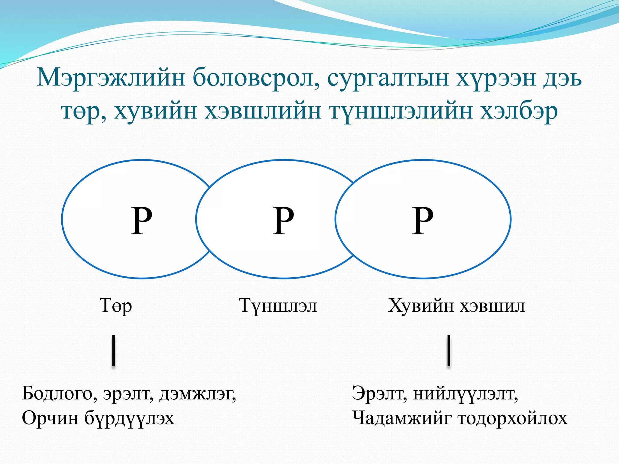 Мэргэжлийн боловсрол, сургалтын хүрээн дэь 
төр, хувийн хэвшлийн түншлэлийн хэлбэр 
Р Р Р 
Төр Түншлэл Хувийн хэвшил 
Бодлого, эрэлт, дэмжлэг, 
Орчин бүрдүүлэх 
Эрэлт, нийлүүлэлт, 
Чадамжийг тодорхойлох 
 