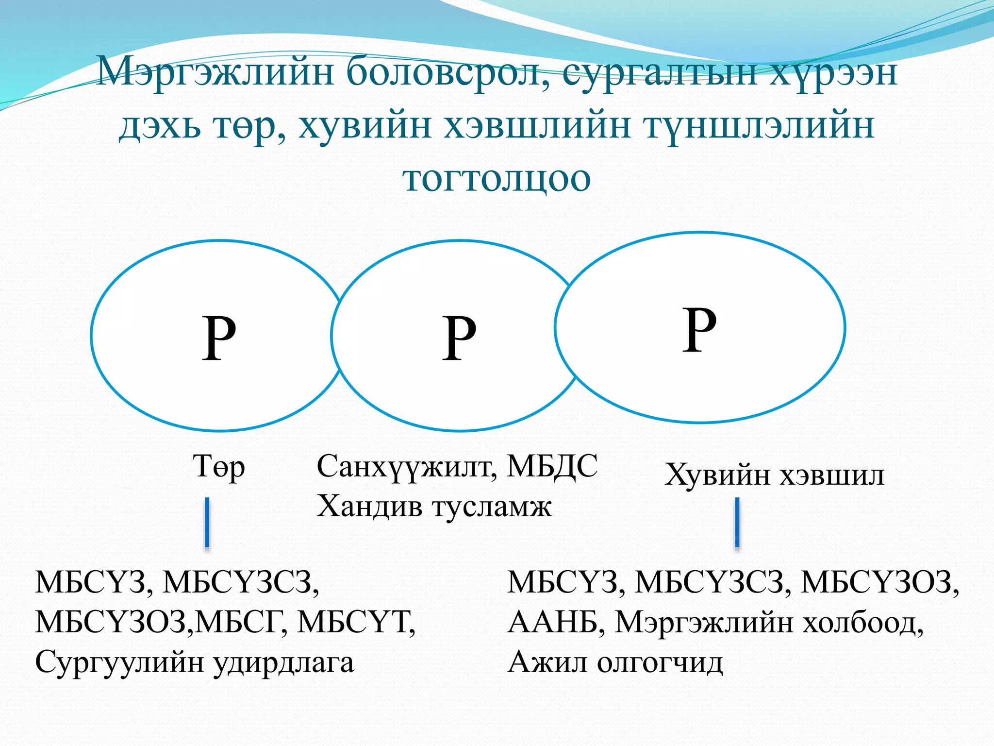 Мэргэжлийн боловсрол, сургалтын хүрээн 
дэхь төр, хувийн хэвшлийн түншлэлийн 
тогтолцоо 
Р Р Р 
Төр Санхүүжилт, МБДС 
Хандив тусламж 
Хувийн хэвшил 
МБСҮЗ, МБСҮЗСЗ, 
МБСҮЗОЗ,МБСГ, МБСҮТ, 
Сургуулийн удирдлага 
МБСҮЗ, МБСҮЗСЗ, МБСҮЗОЗ, 
ААНБ, Мэргэжлийн холбоод, 
Ажил олгогчид 
 