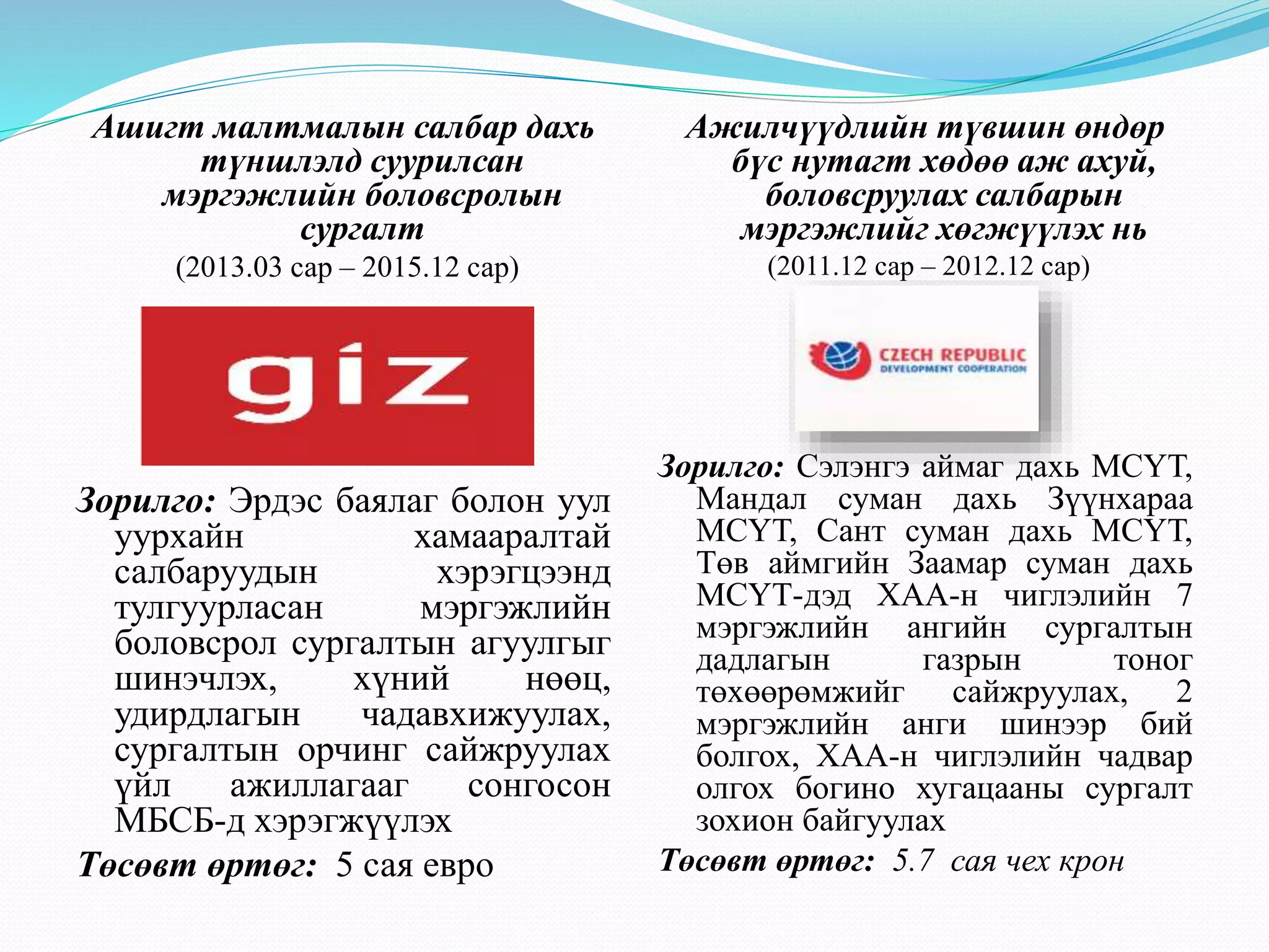 Ашигт малтмалын салбар дахь 
түншлэлд суурилсан 
мэргэжлийн боловсролын 
сургалт 
(2013.03 сар – 2015.12 сар) 
Зорилго: Эрдэс баялаг болон уул 
уурхайн хамааралтай 
салбаруудын хэрэгцээнд 
тулгуурласан мэргэжлийн 
боловсрол сургалтын агуулгыг 
шинэчлэх, хүний нөөц, 
удирдлагын чадавхижуулах, 
сургалтын орчинг сайжруулах 
үйл ажиллагааг сонгосон 
МБСБ-д хэрэгжүүлэх 
Төсөвт өртөг: 5 сая евро 
Ажилчүүдлийн түвшин өндөр 
бүс нутагт хөдөө аж ахуй, 
боловсруулах салбарын 
мэргэжлийг хөгжүүлэх нь 
(2011.12 сар – 2012.12 сар) 
Зорилго: Сэлэнгэ аймаг дахь МСҮТ, 
Мандал суман дахь Зүүнхараа 
МСҮТ, Сант суман дахь МСҮТ, 
Төв аймгийн Заамар суман дахь 
МСҮТ-дэд ХАА-н чиглэлийн 7 
мэргэжлийн ангийн сургалтын 
дадлагын газрын тоног 
төхөөрөмжийг сайжруулах, 2 
мэргэжлийн анги шинээр бий 
болгох, ХАА-н чиглэлийн чадвар 
олгох богино хугацааны сургалт 
зохион байгуулах 
Төсөвт өртөг: 5.7 сая чех крон 
 